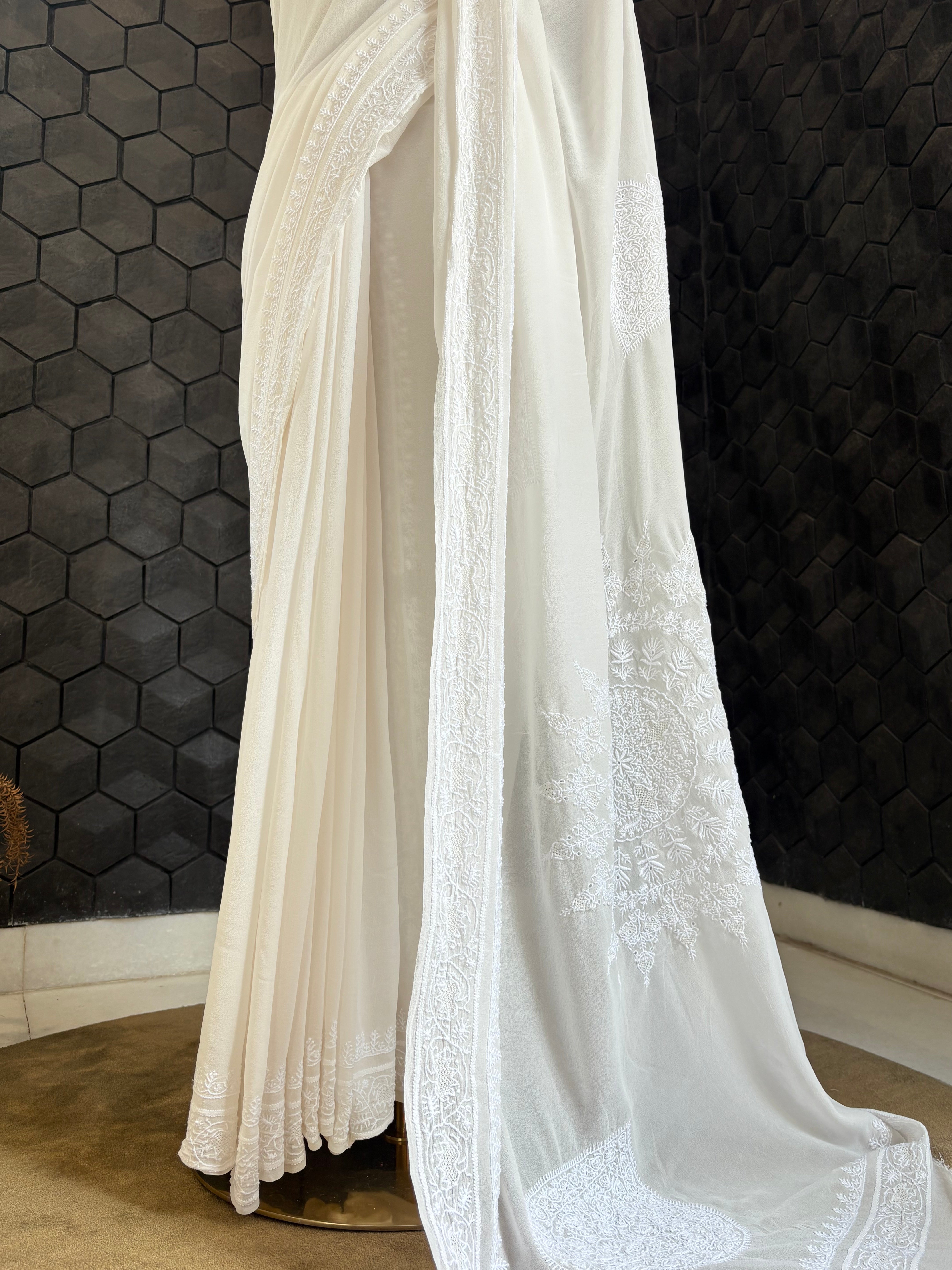 White Chikankari Saree