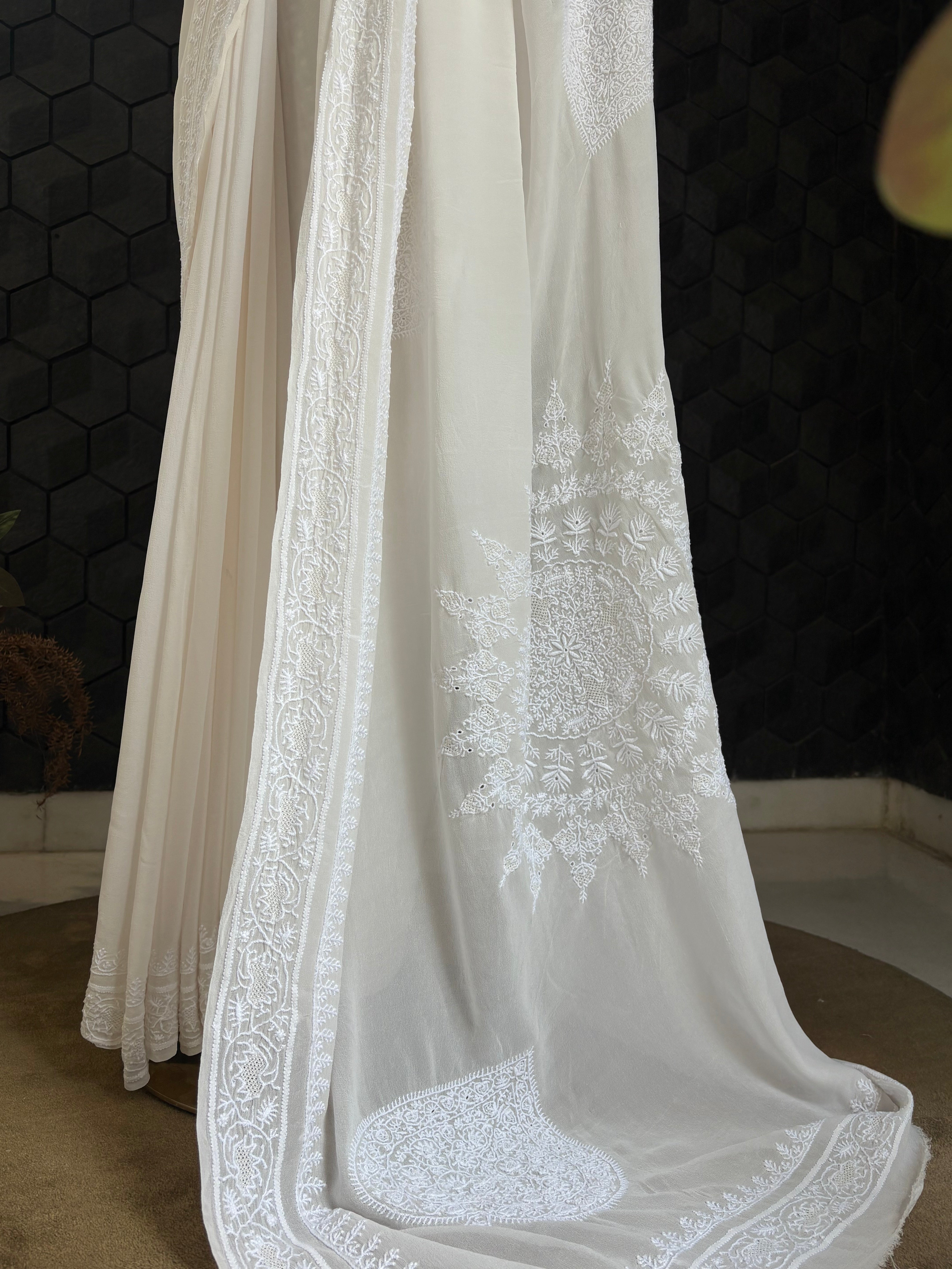 White Chikankari Saree