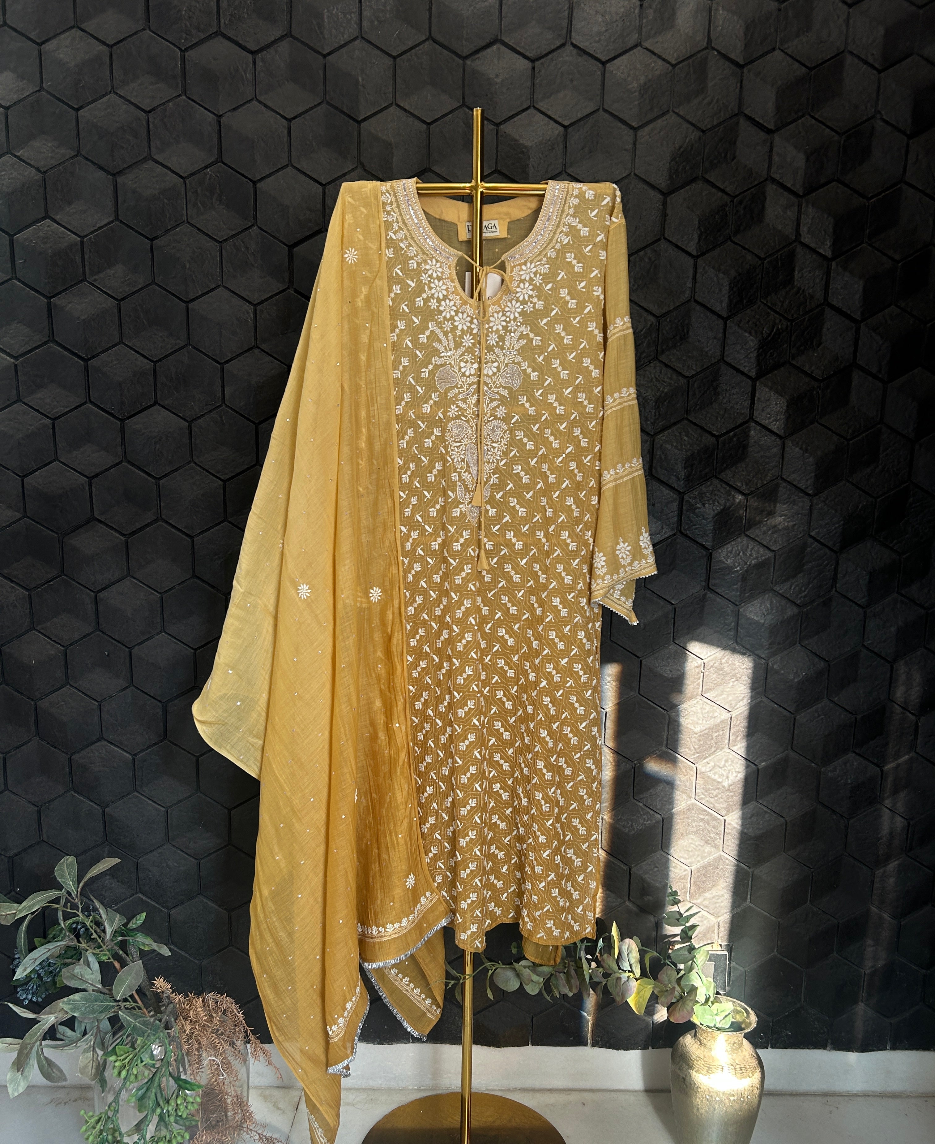 Mustard mul chanderi chikankari kurta set