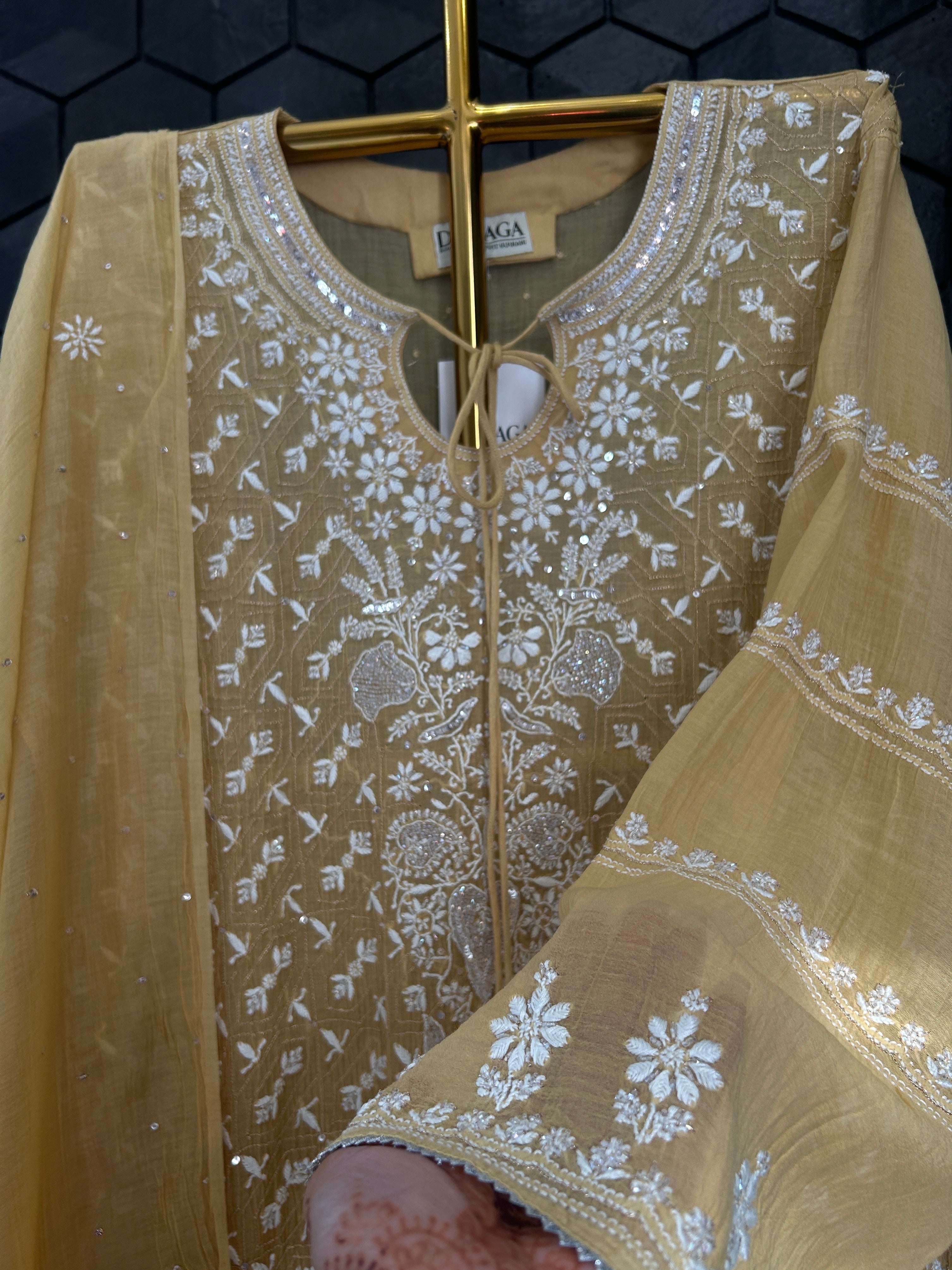 Mustard mul chanderi chikankari kurta set