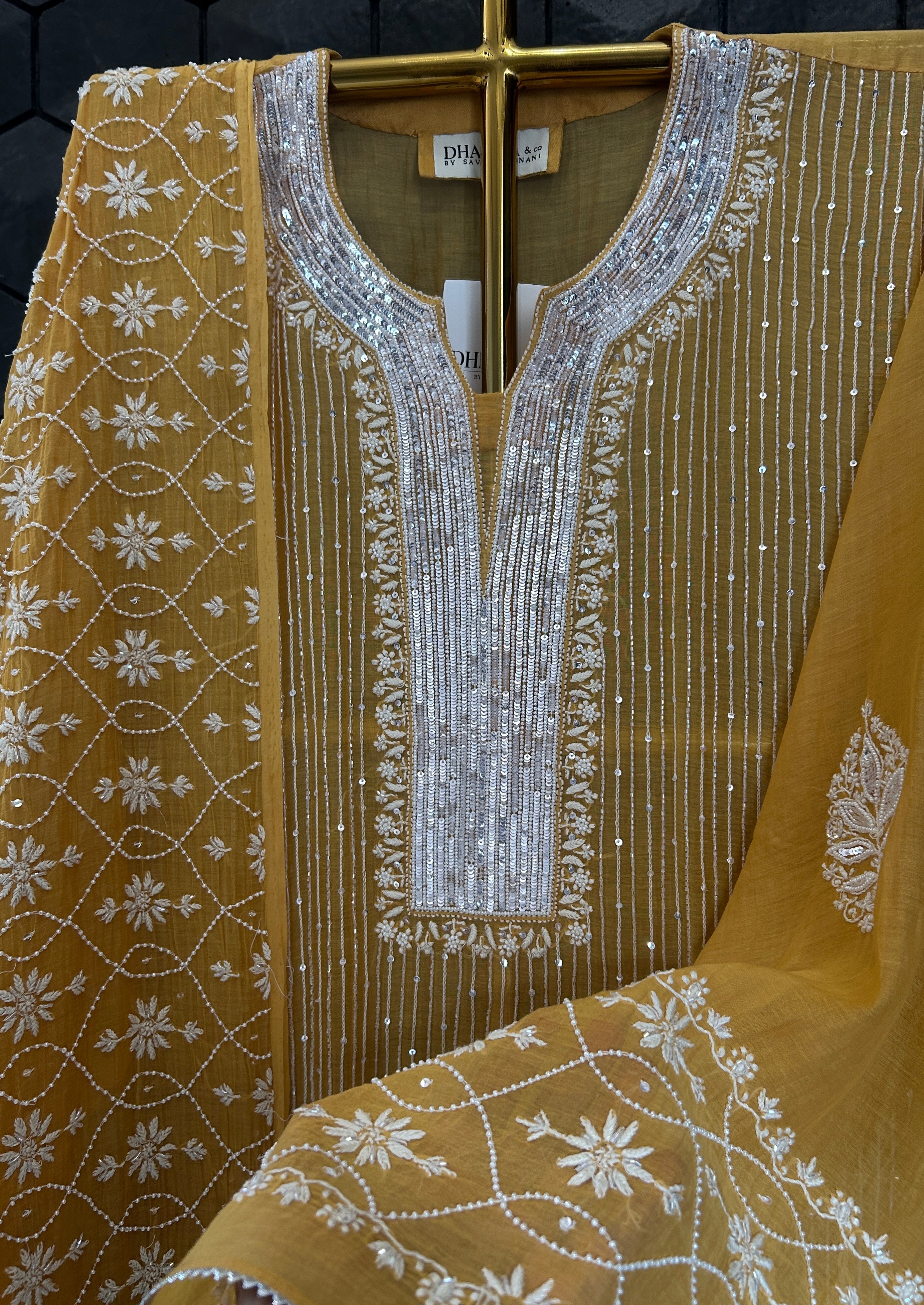 Mustard Mul Chanderi Chikankari Kurta Set