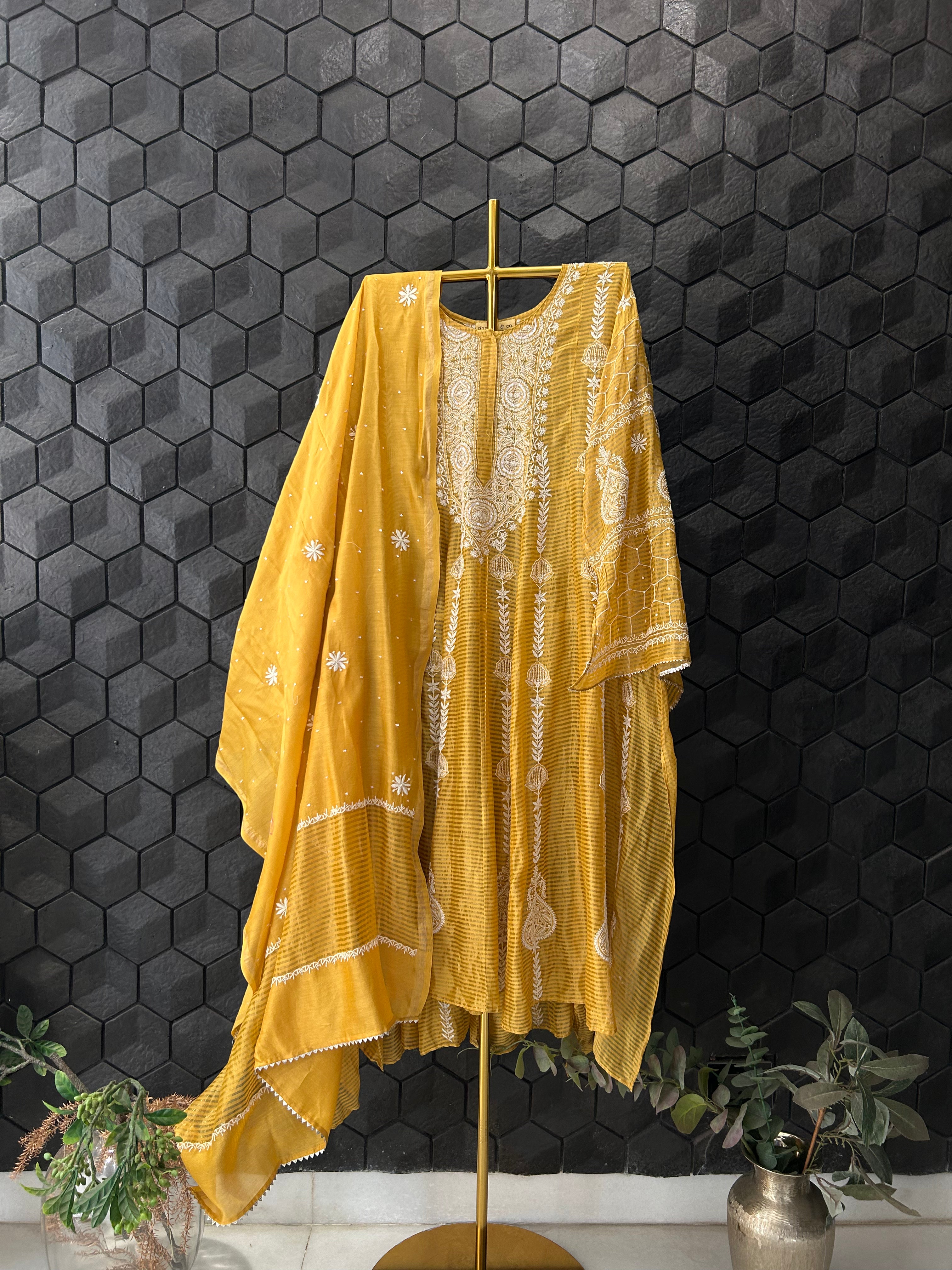 Mustard Striped Tissue Chikankari Anarkali Set