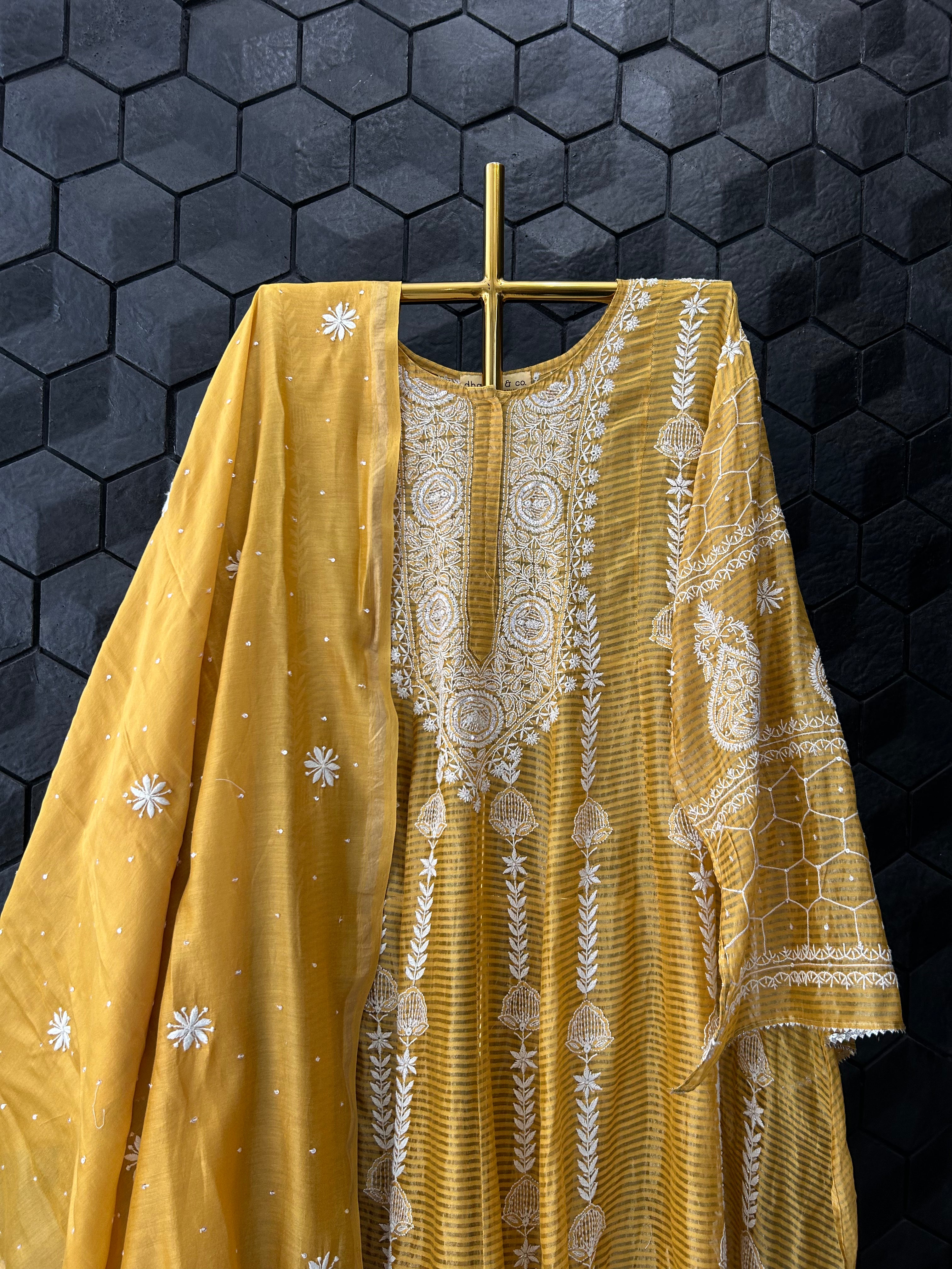 Mustard Striped Tissue Chikankari Anarkali Set