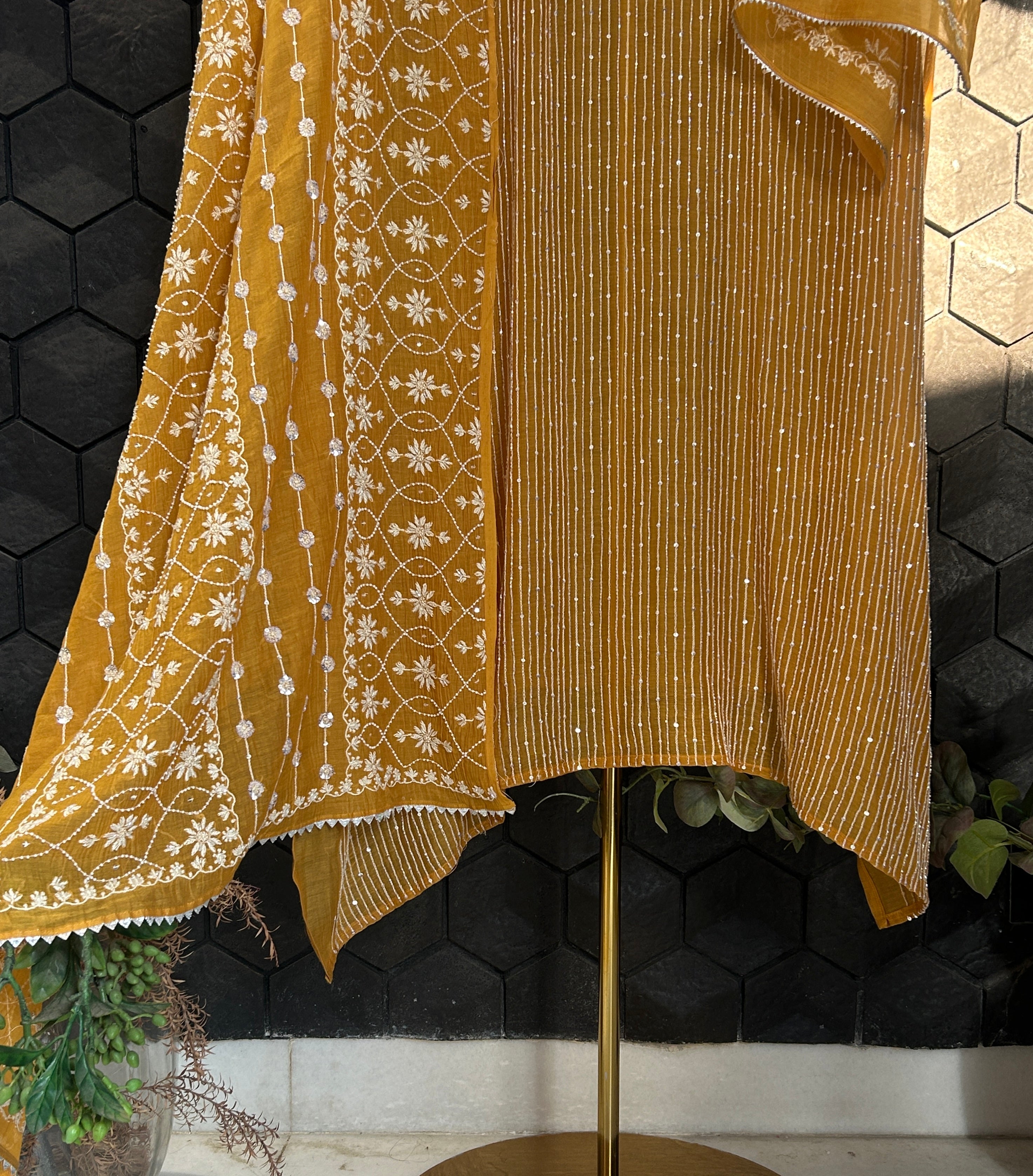 Mustard Mul Chanderi Chikankari Kurta Set
