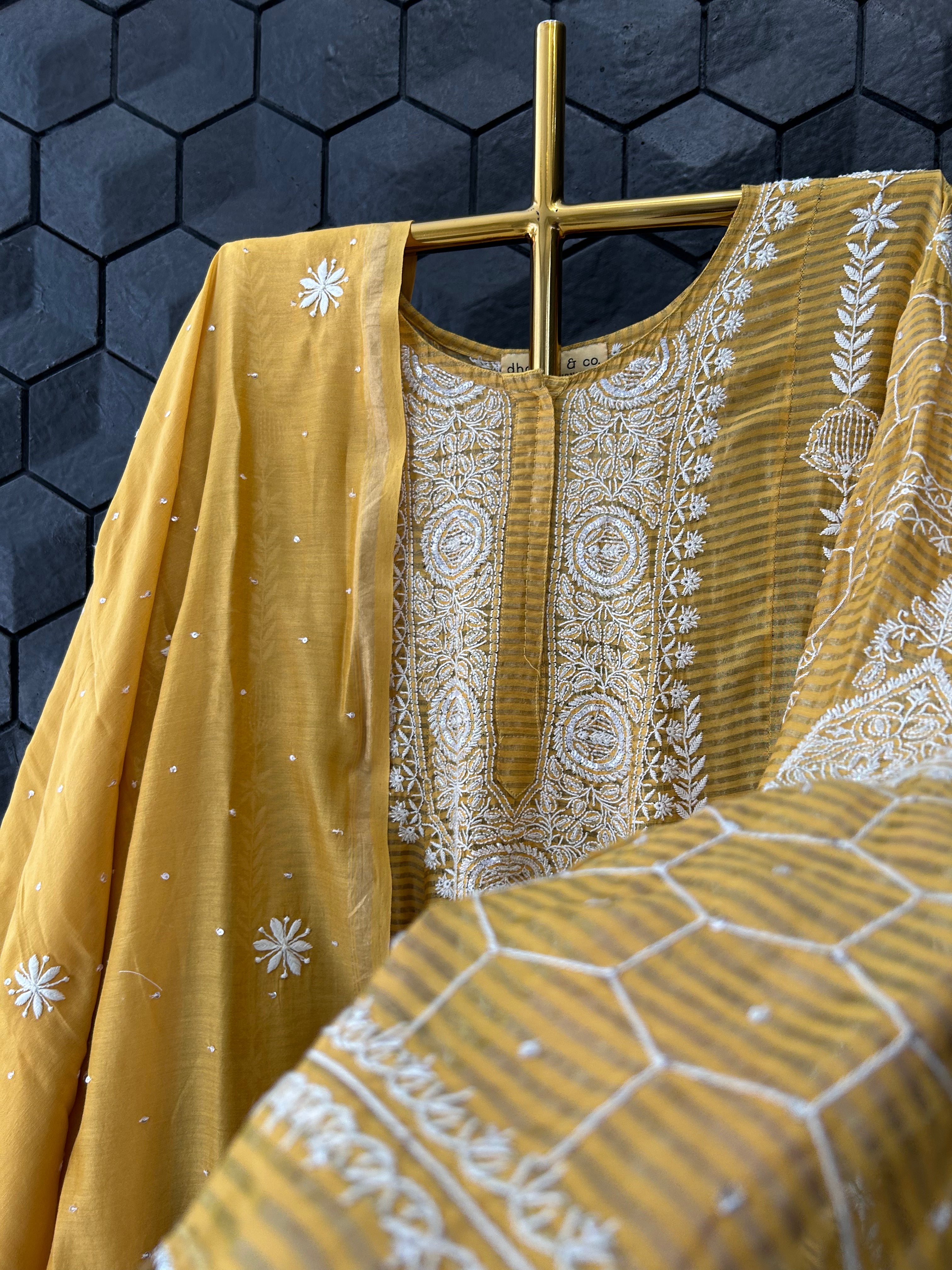Mustard Striped Tissue Chikankari Anarkali Set