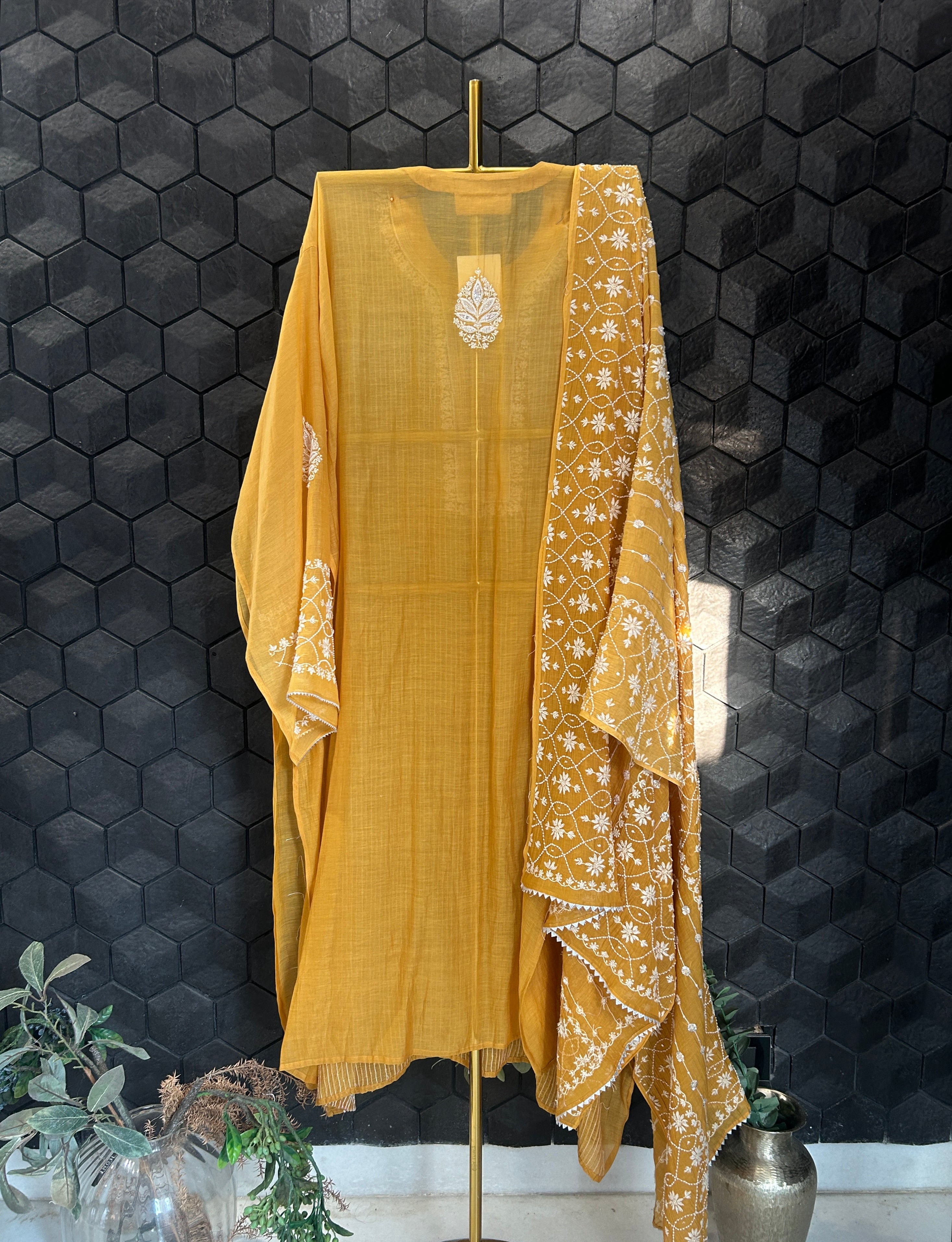 Mustard Mul Chanderi Chikankari Kurta Set