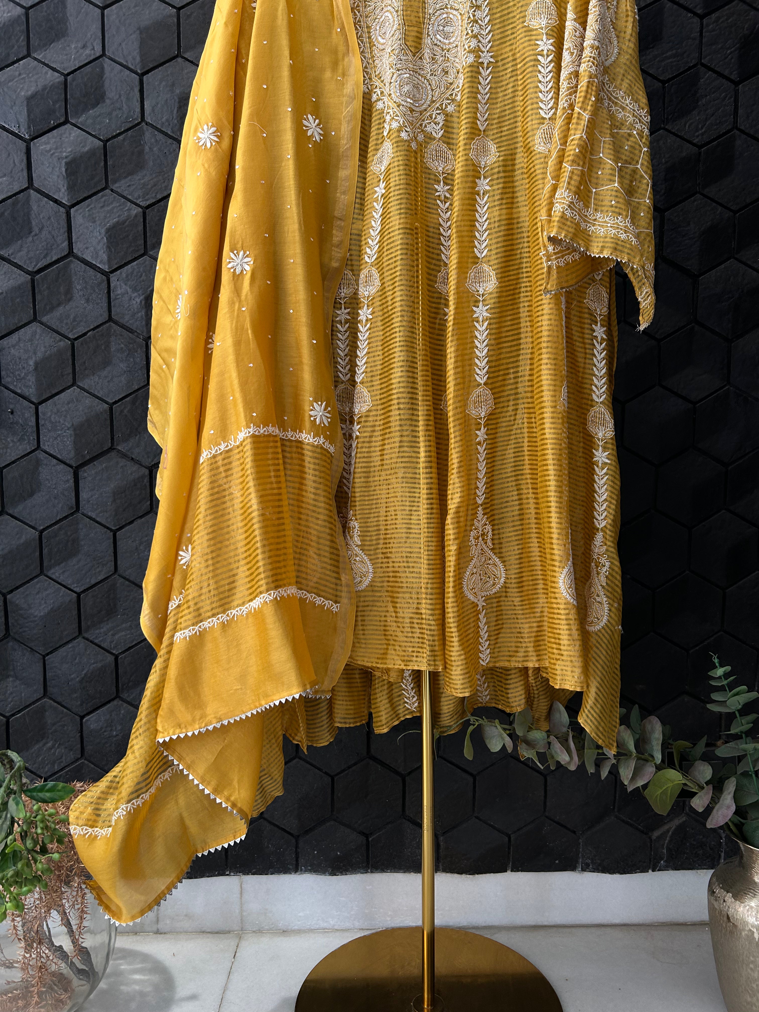 Mustard Striped Tissue Chikankari Anarkali Set