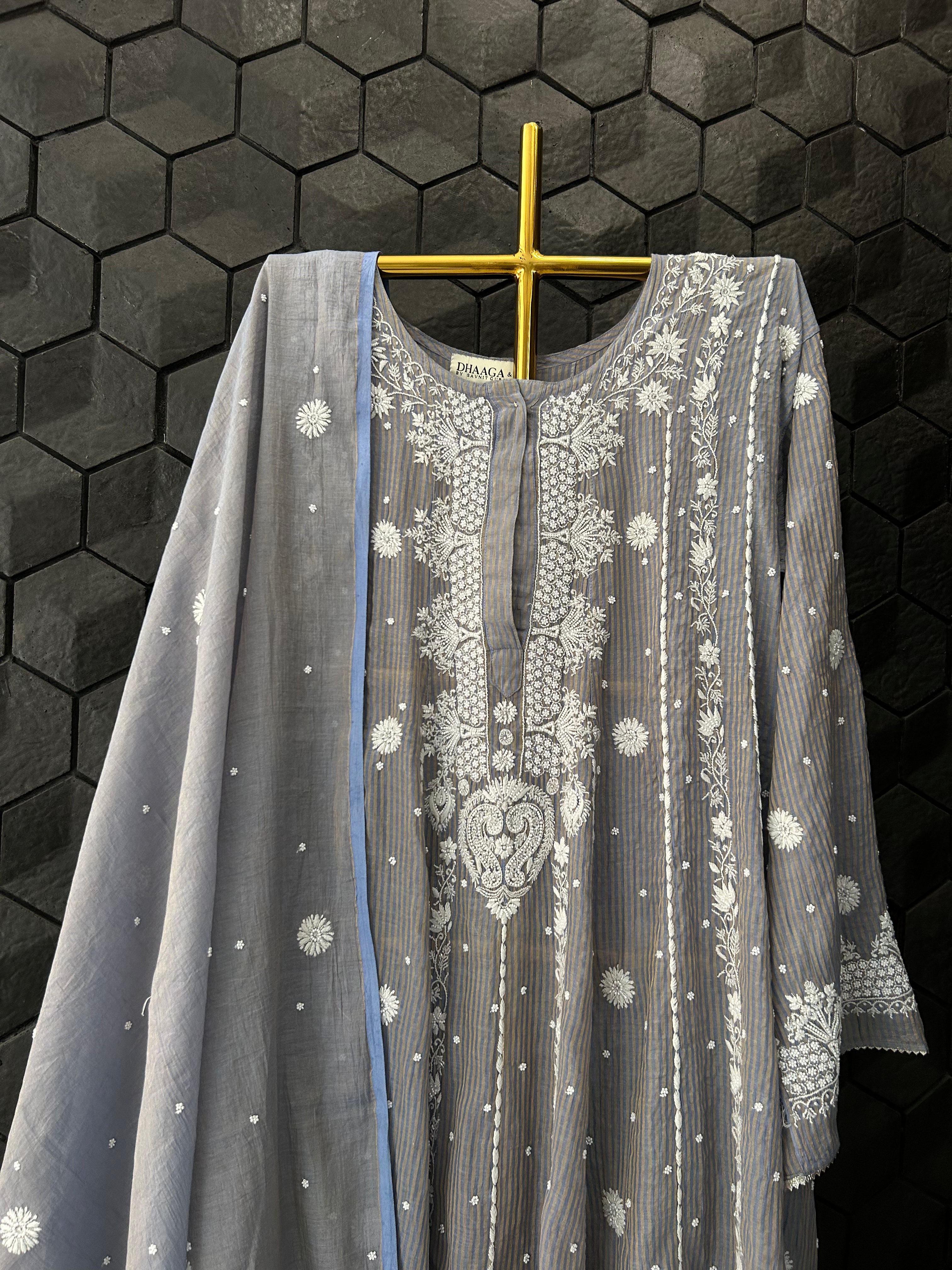 Grey Striped Tissue Chikankari Anarkali Set