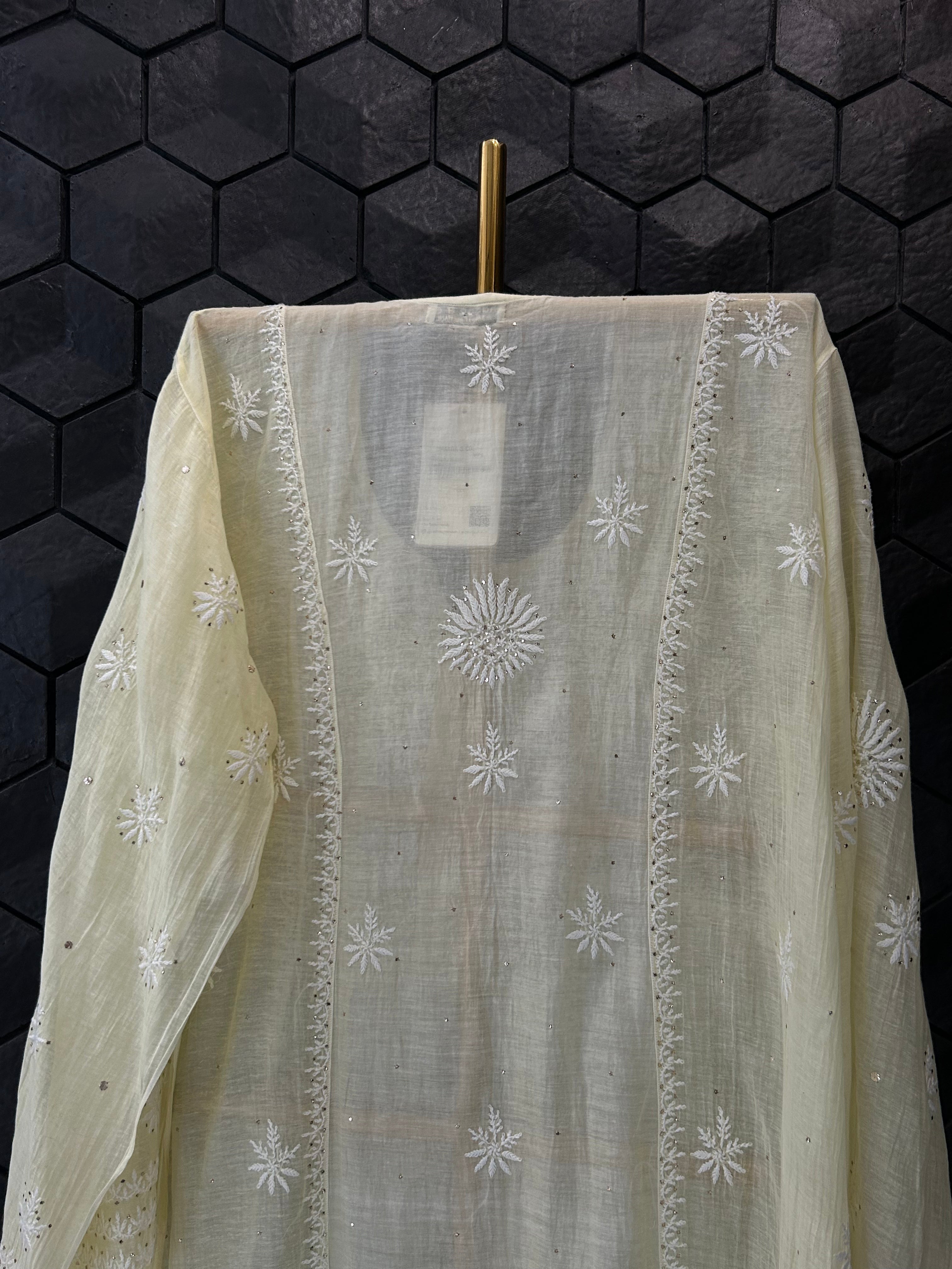 LEMON MUL CHANDERI AND MUKAISH CHIKANKARI KURTI