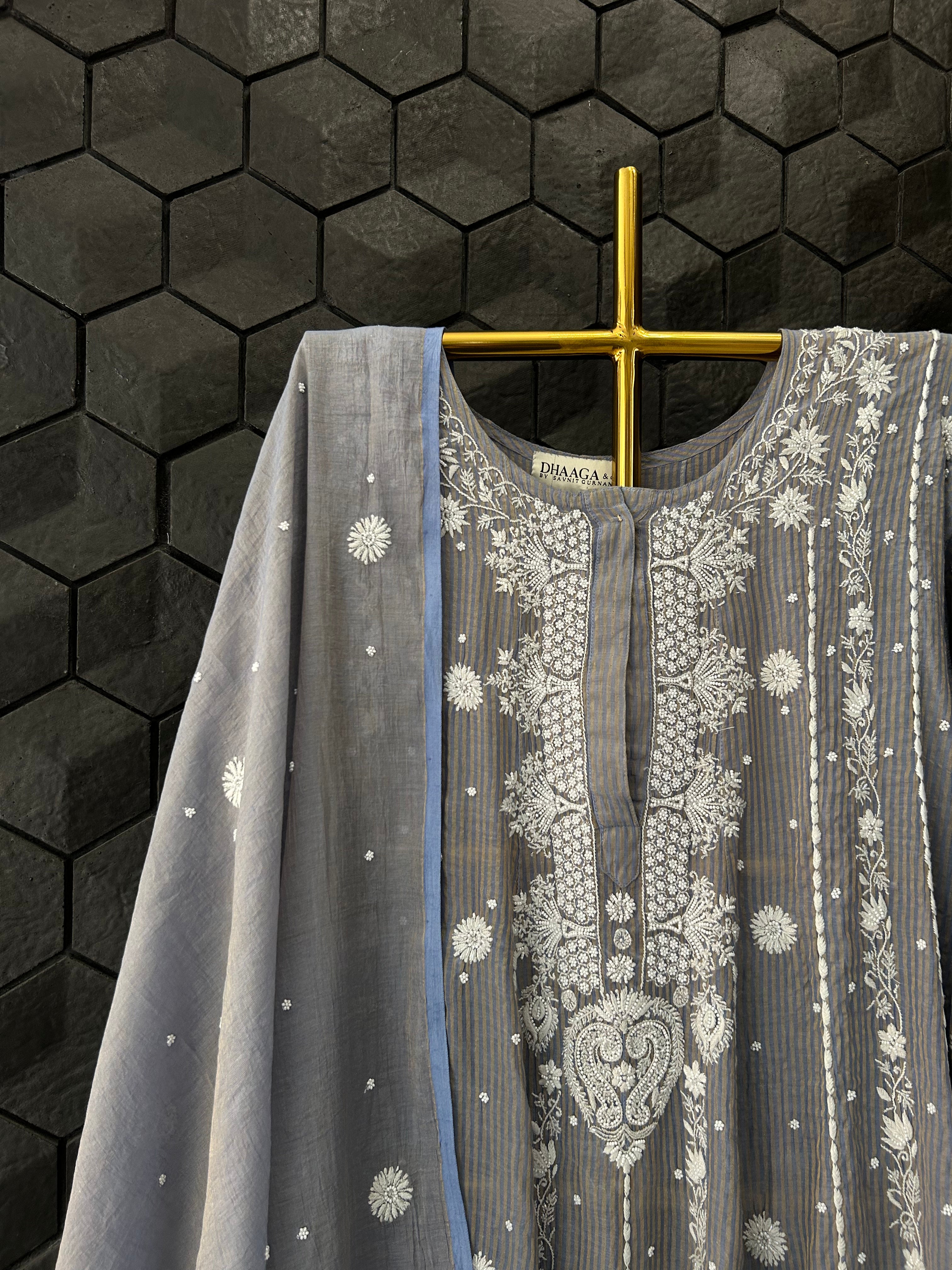 Grey Striped Tissue Chikankari Anarkali Set