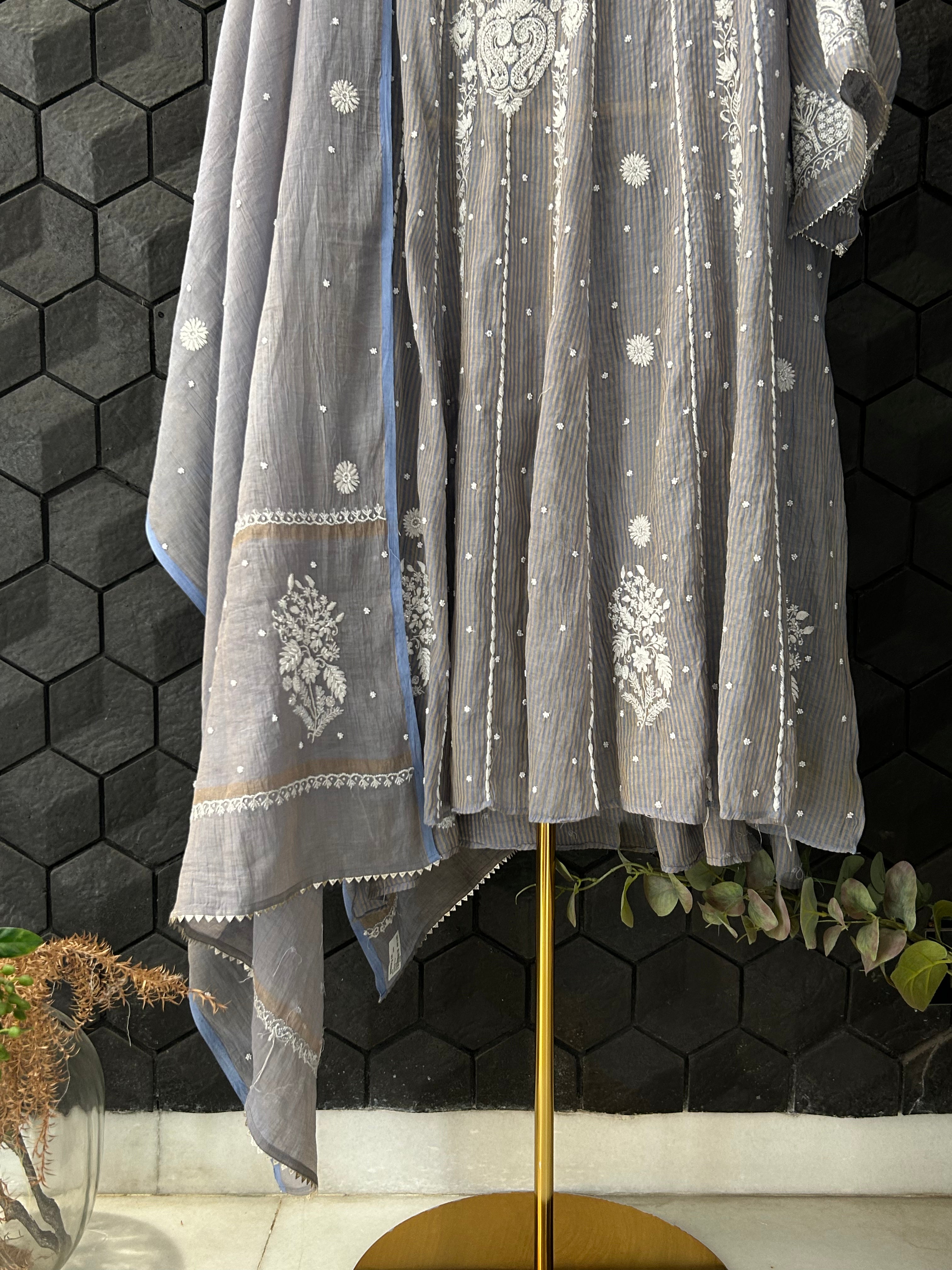 Grey Striped Tissue Chikankari Anarkali Set