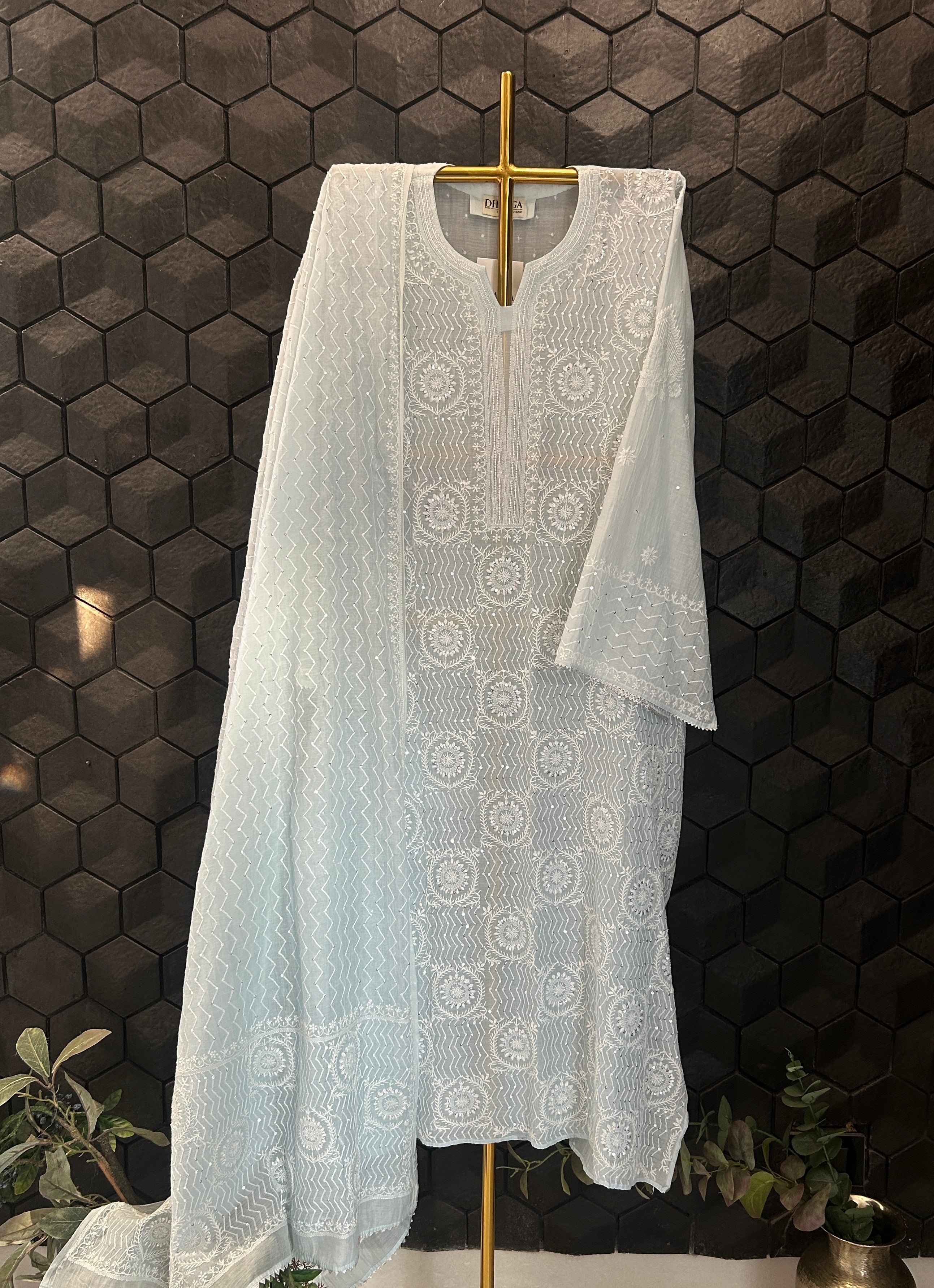 Blue Mul Chanderi Chikankari Kurta Set
