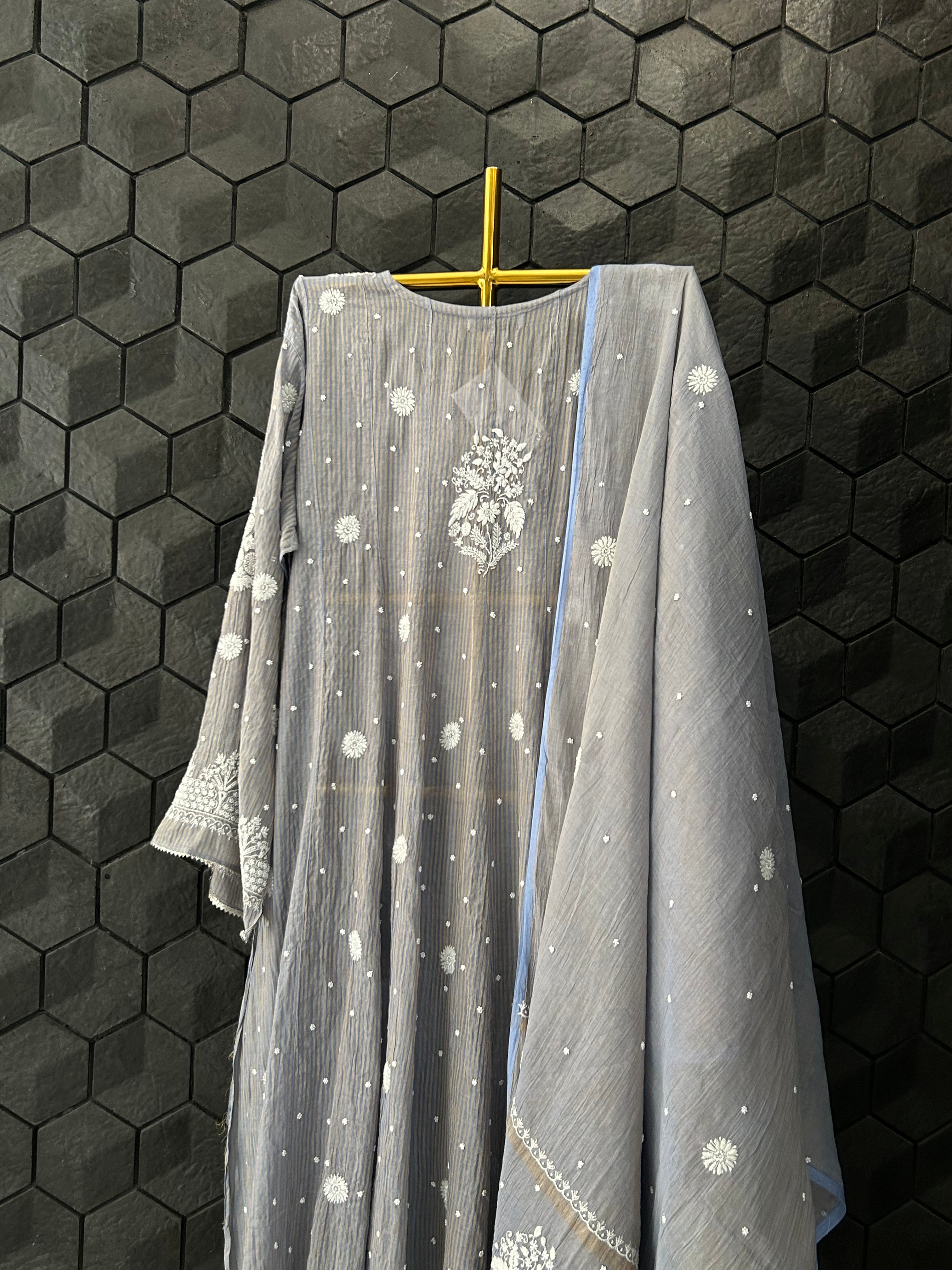 Grey Striped Tissue Chikankari Anarkali Set