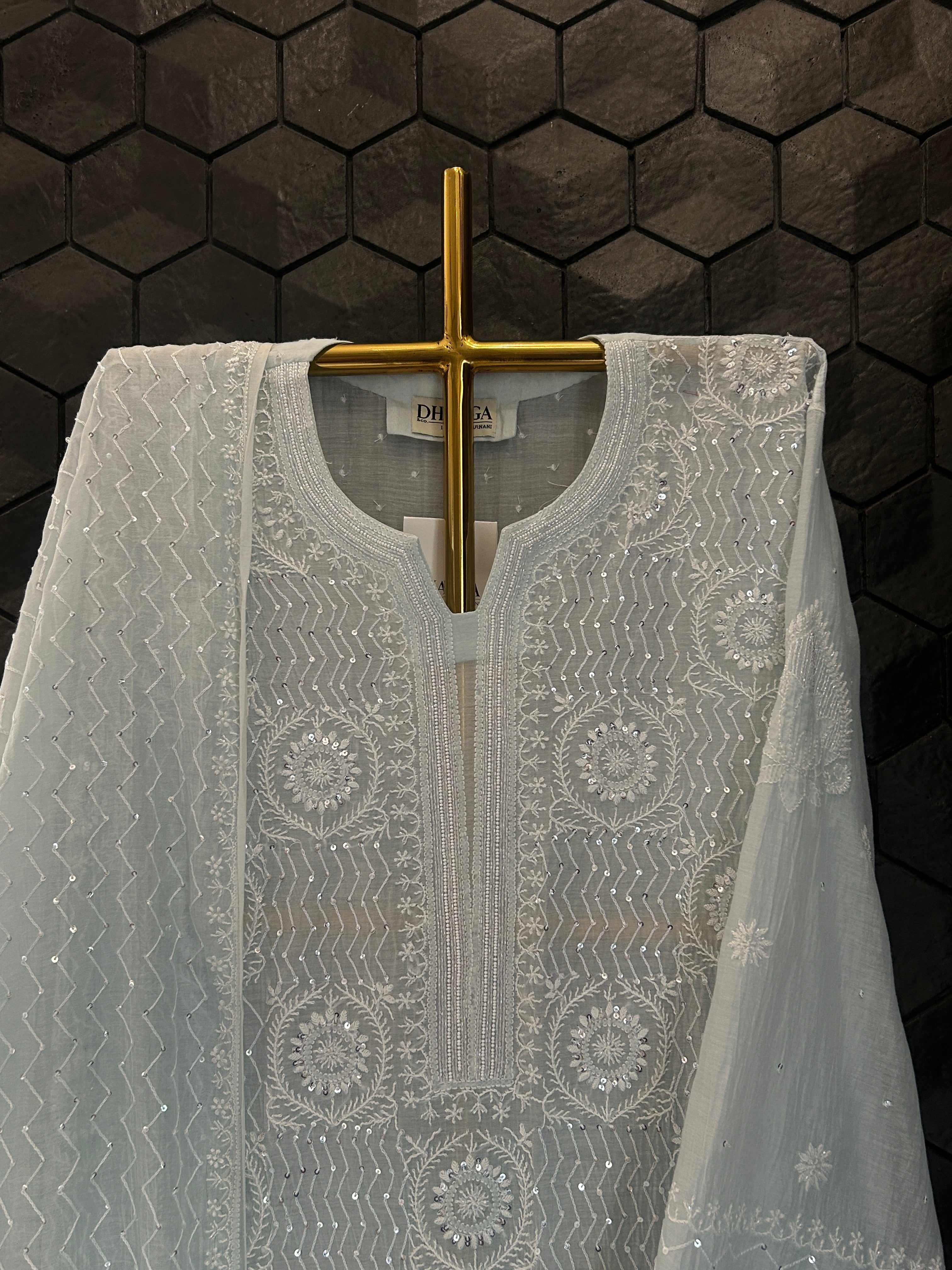 Blue Mul Chanderi Chikankari Kurta Set