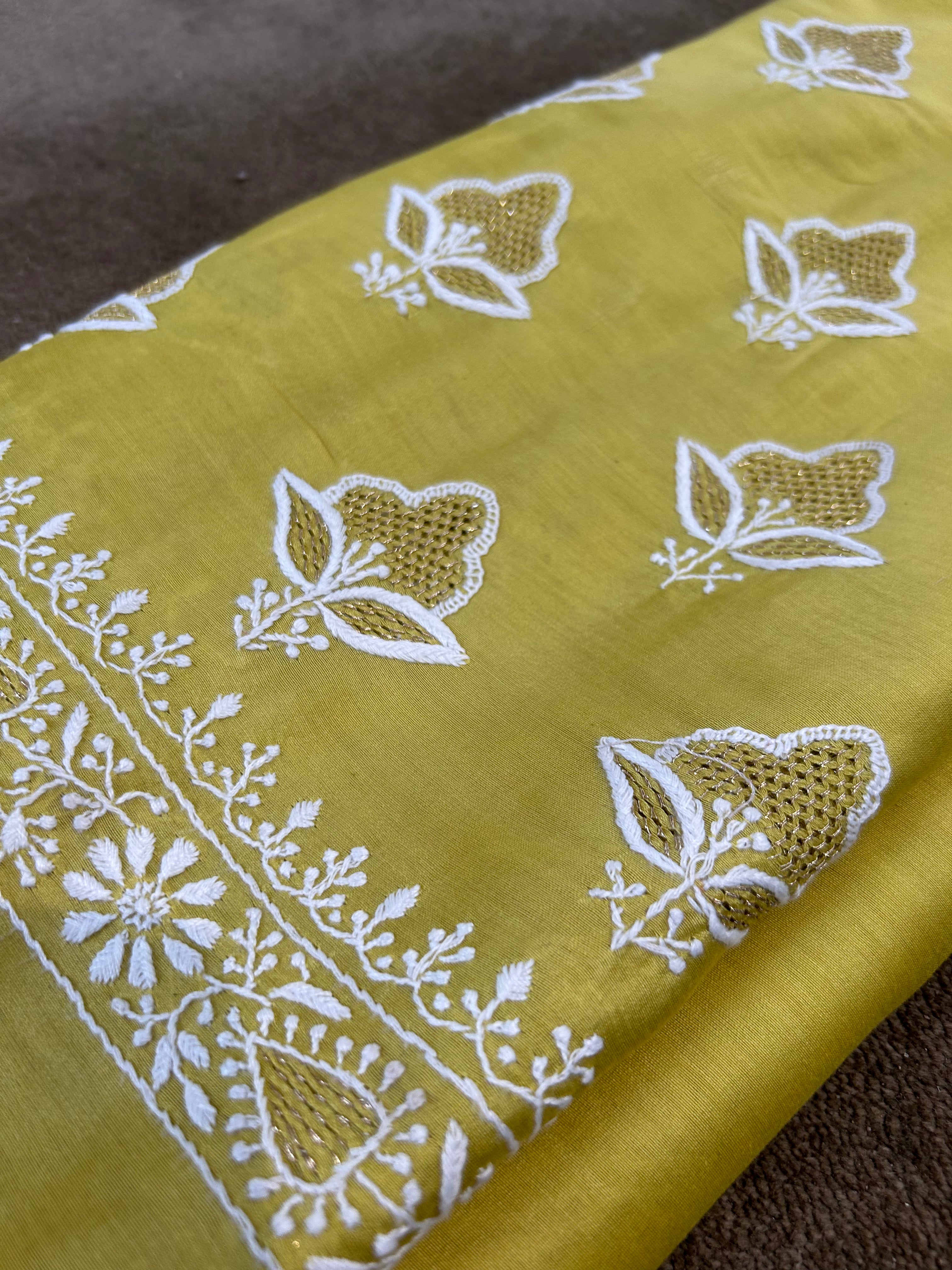 LIME GREEN CHANDERI CHIKANKARI SHORT ANARKALI SET