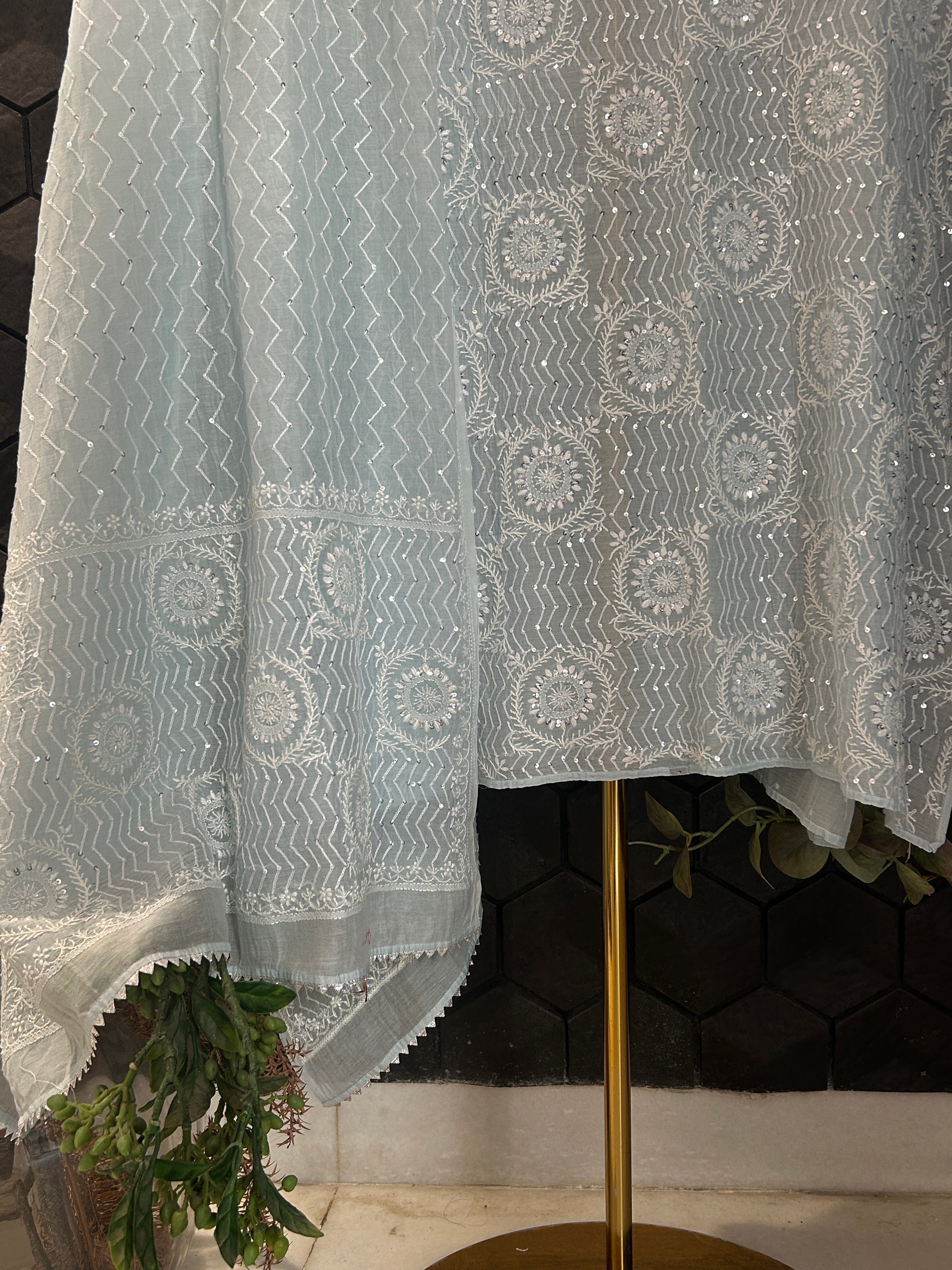 Blue Mul Chanderi Chikankari Kurta Set