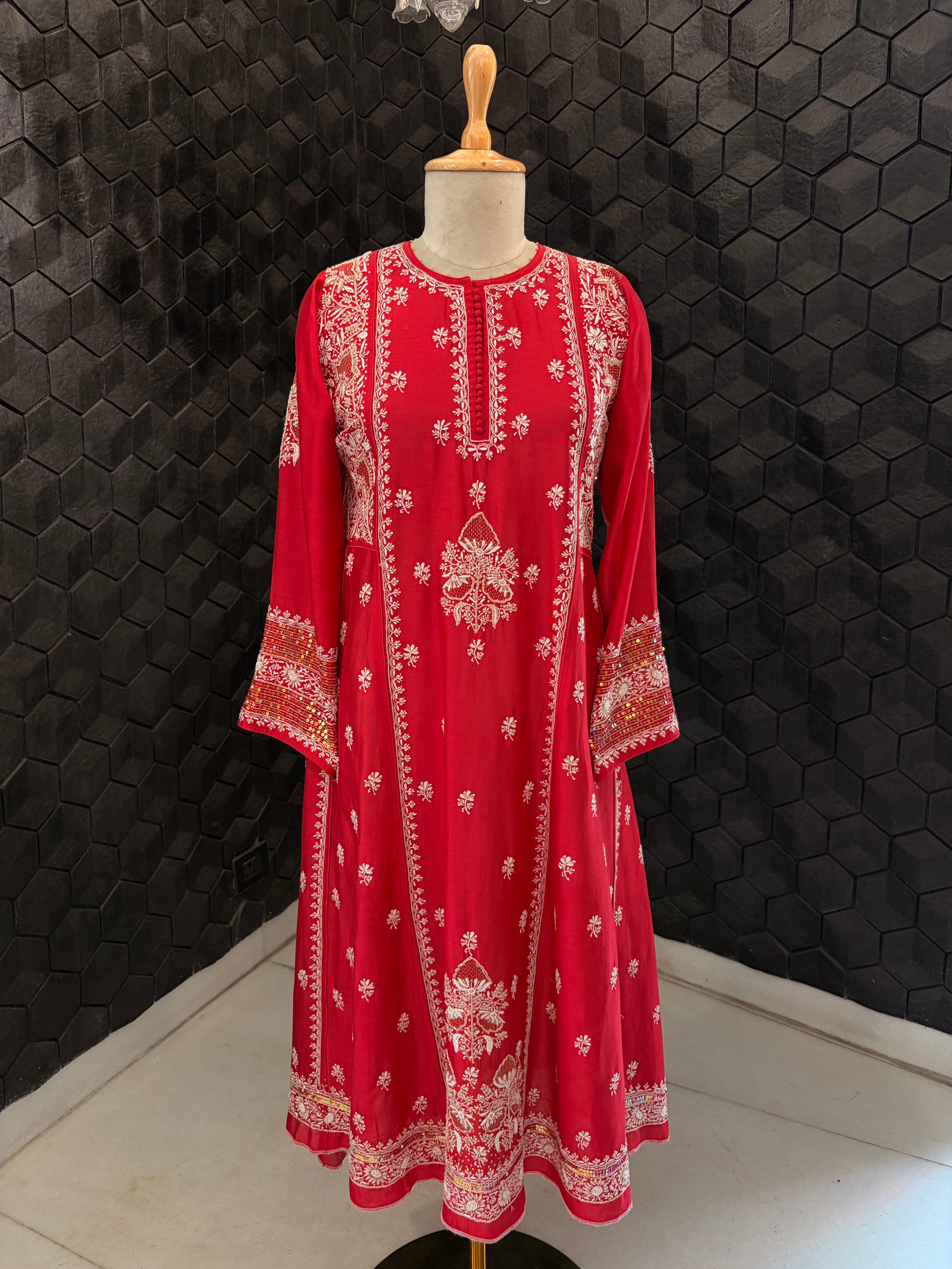 Red chanderi A-Line Chikankari Kurta Set