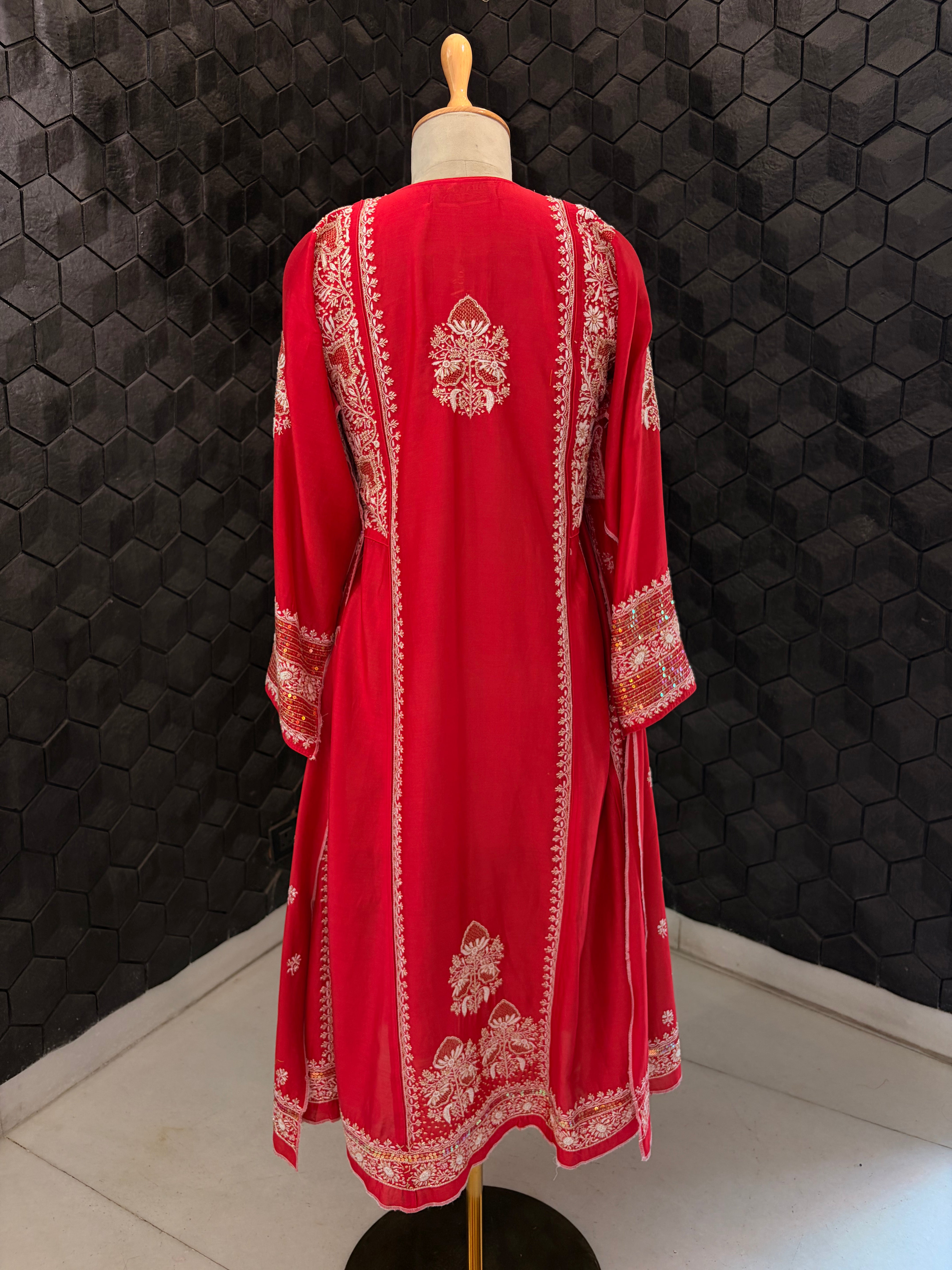 Red chanderi A-Line Chikankari Kurta Set