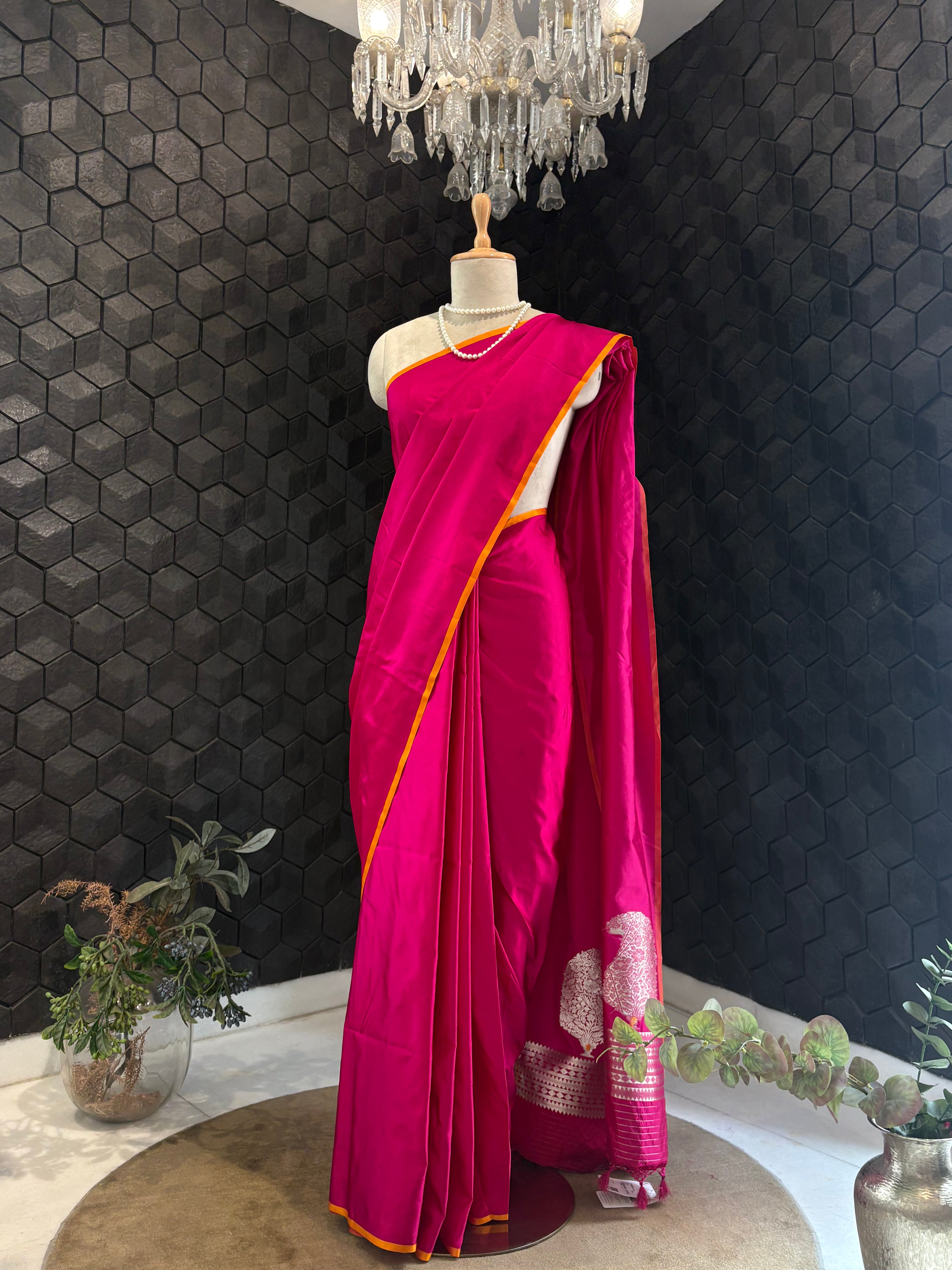 Pink Satin Saree with Silver Zari Pallu