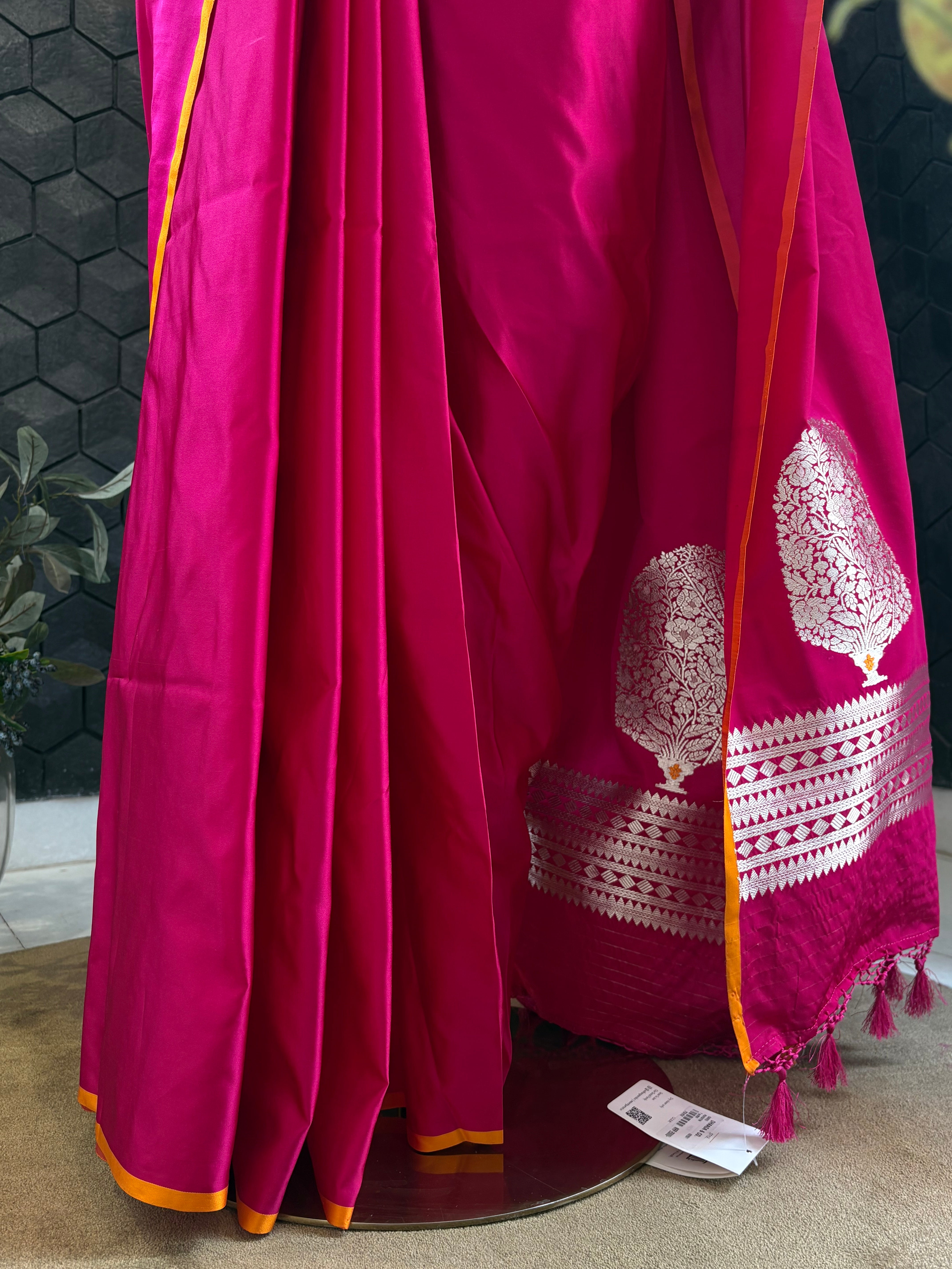 Pink Satin Saree with Silver Zari Pallu