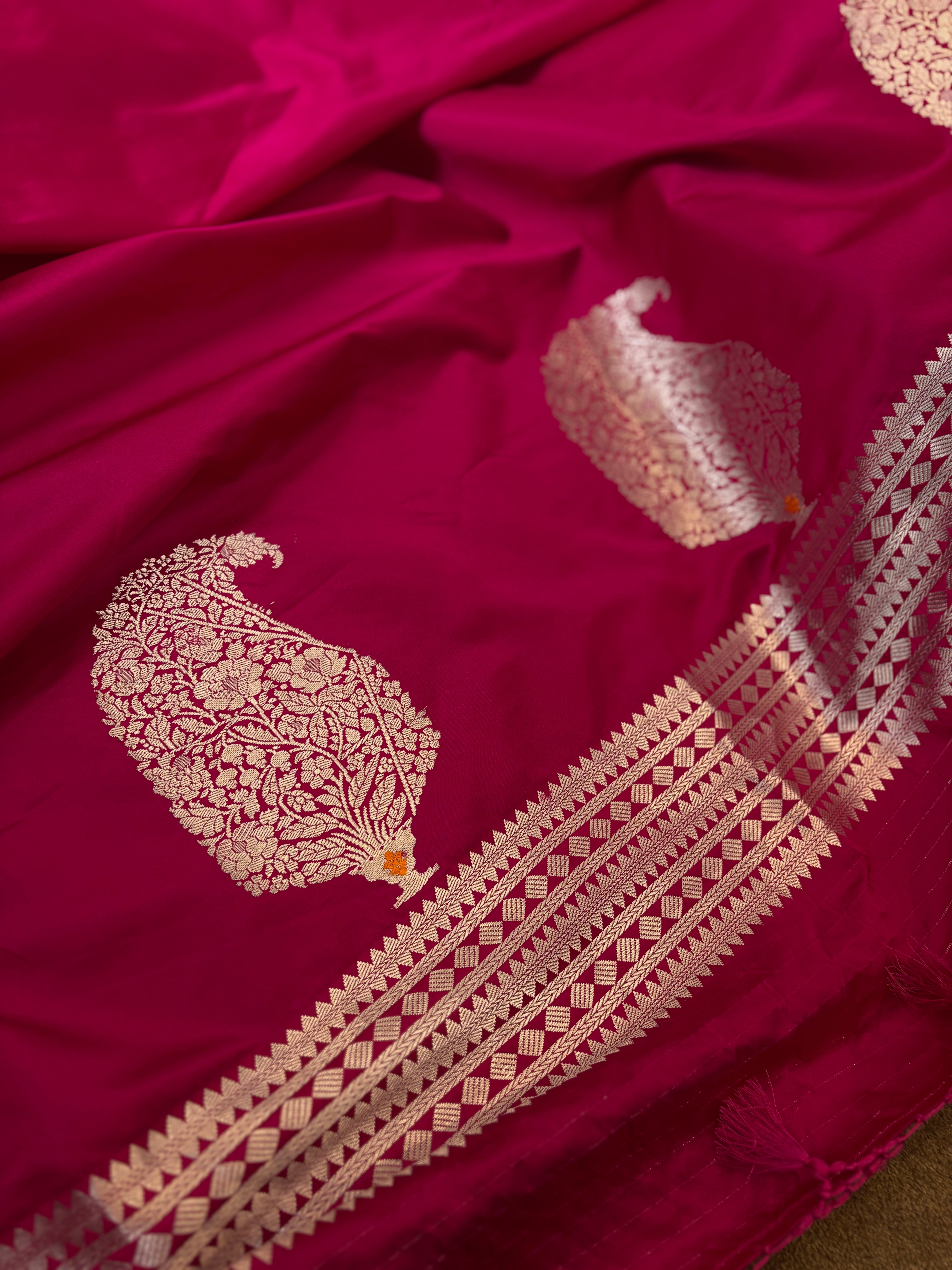 Pink Satin Saree with Silver Zari Pallu