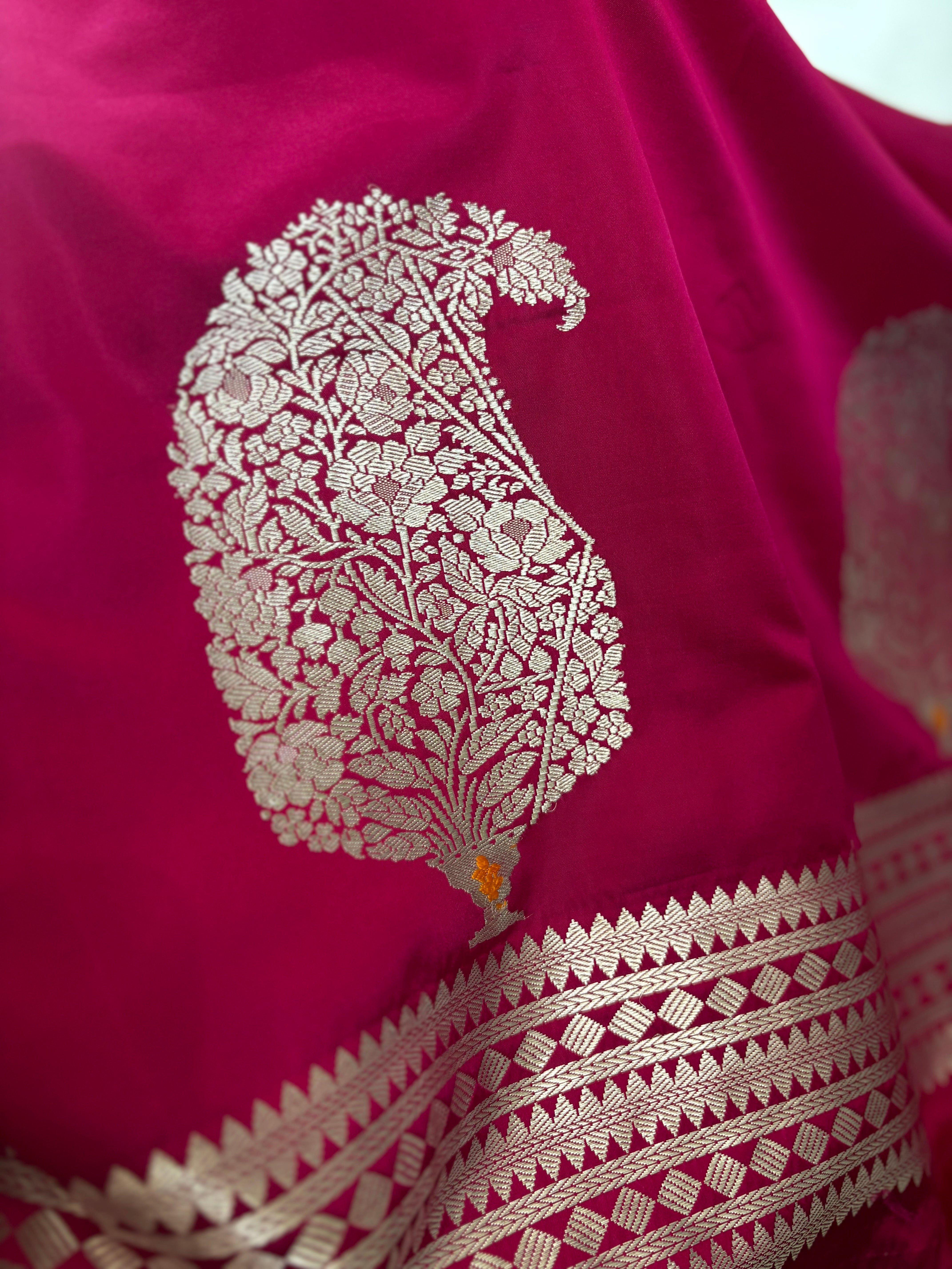 Pink Satin Saree with Silver Zari Pallu