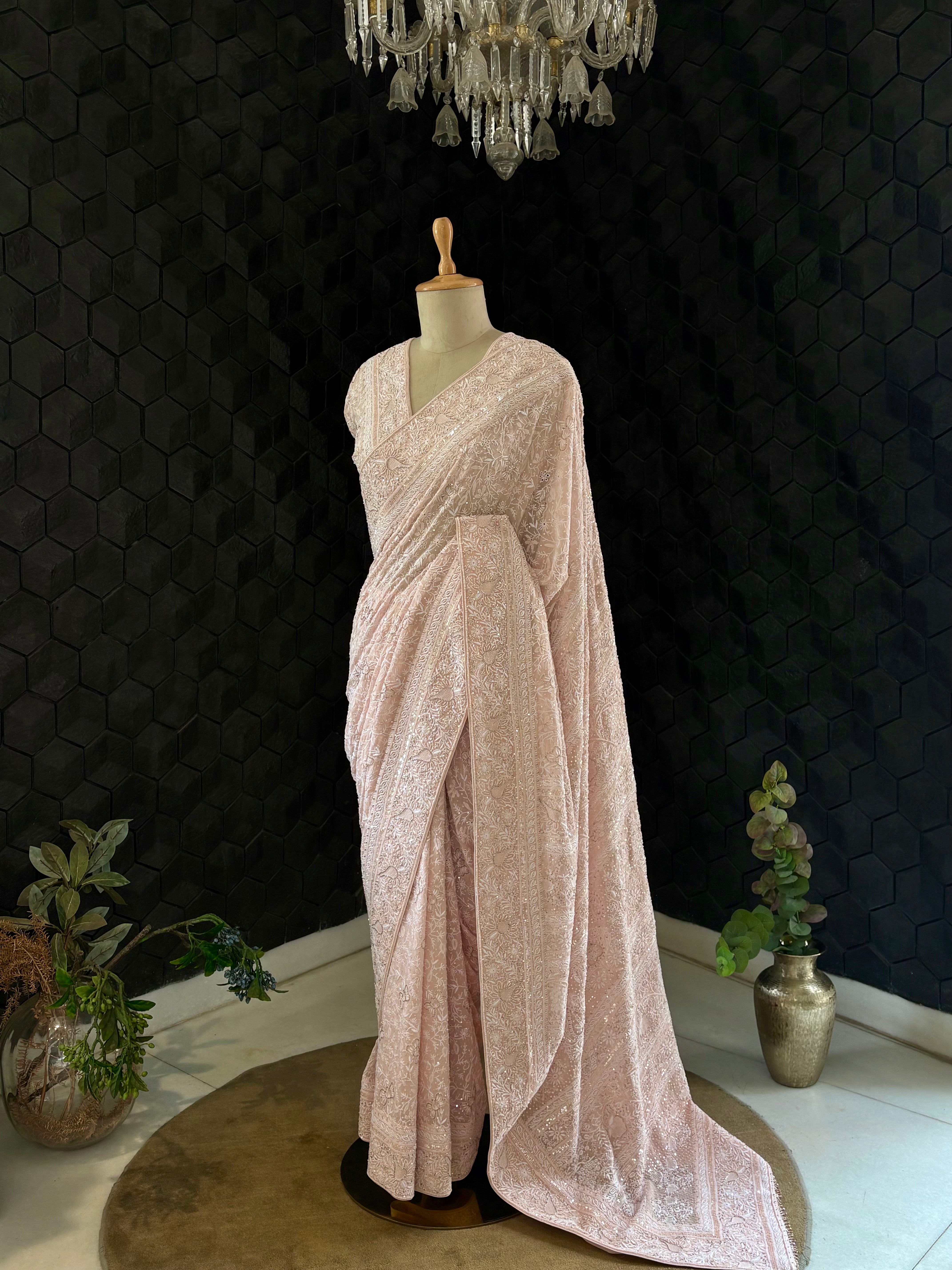 Powder Pink Chikankari Saree