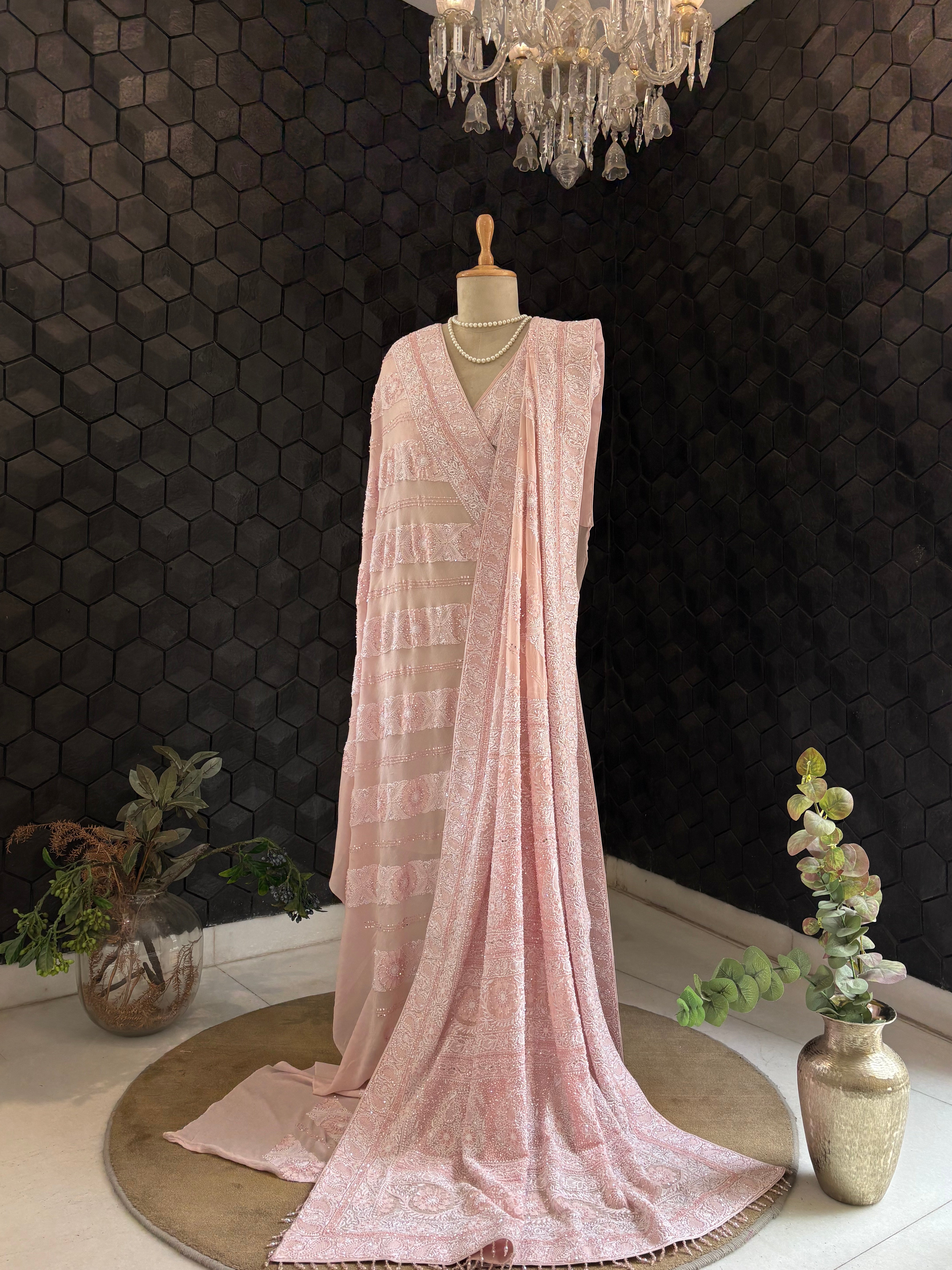 Pink Georgette Chikankari Saree