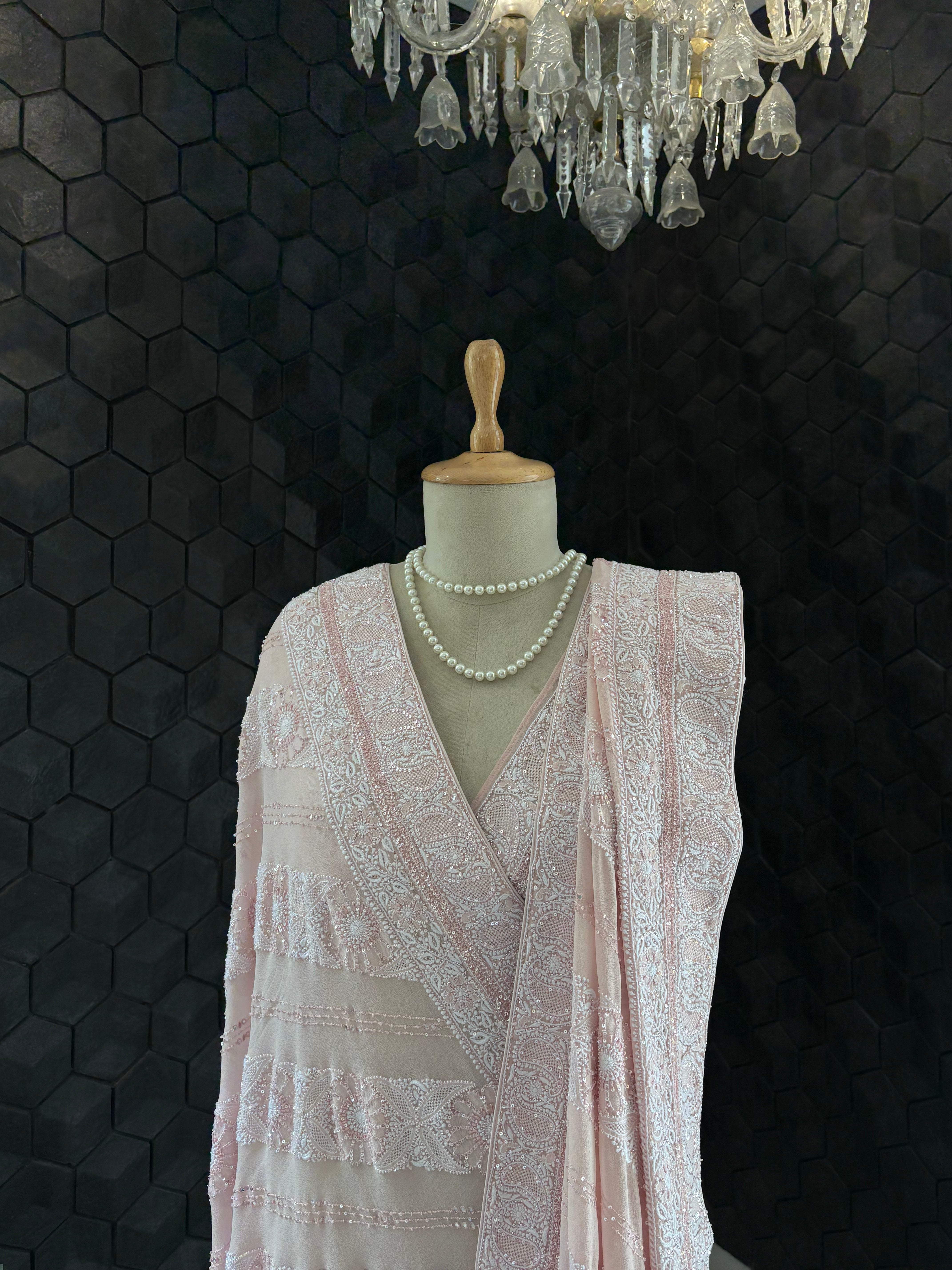 Pink Georgette Chikankari Saree
