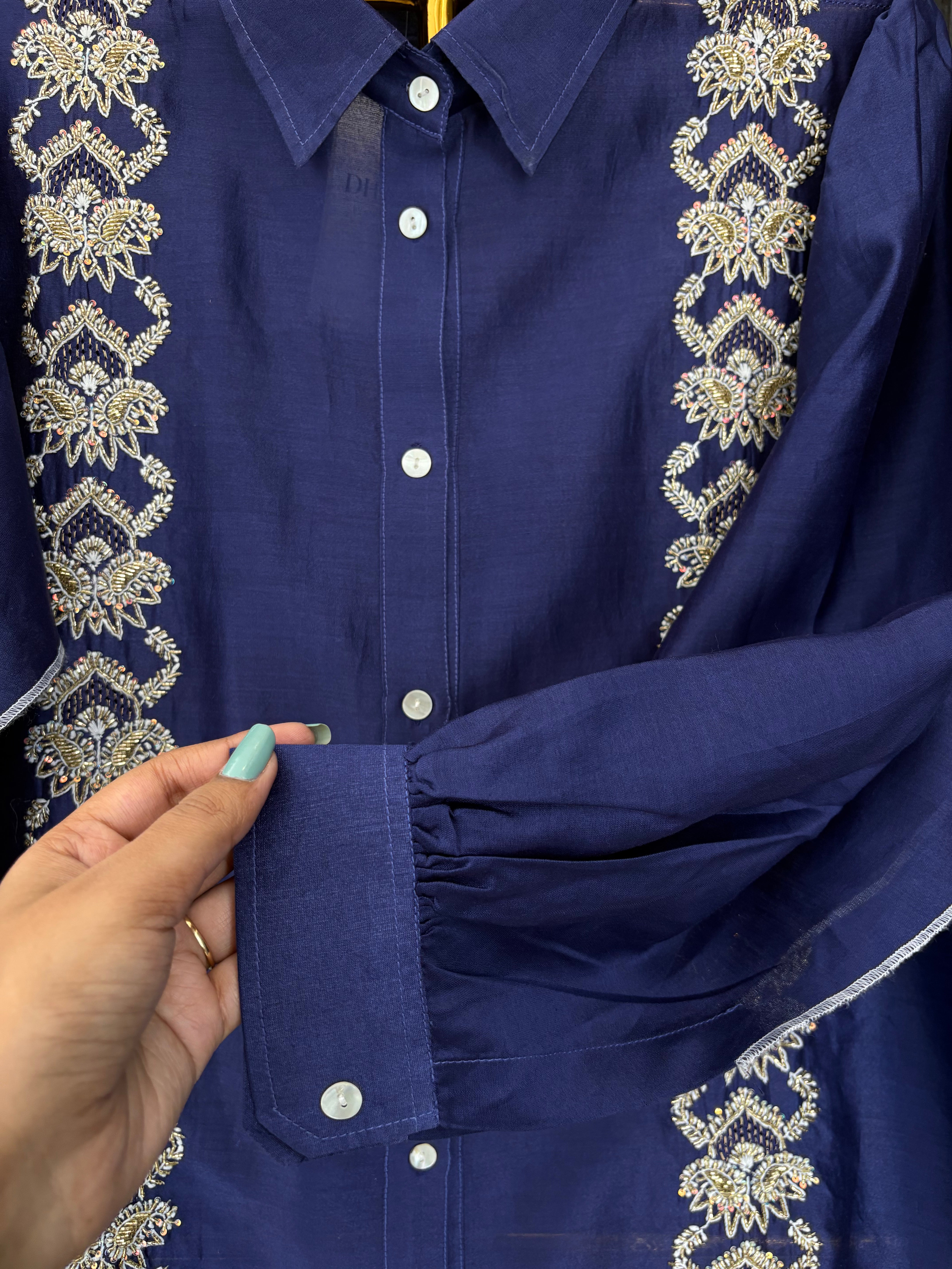 Blue Chanderi Chikankari Shirt