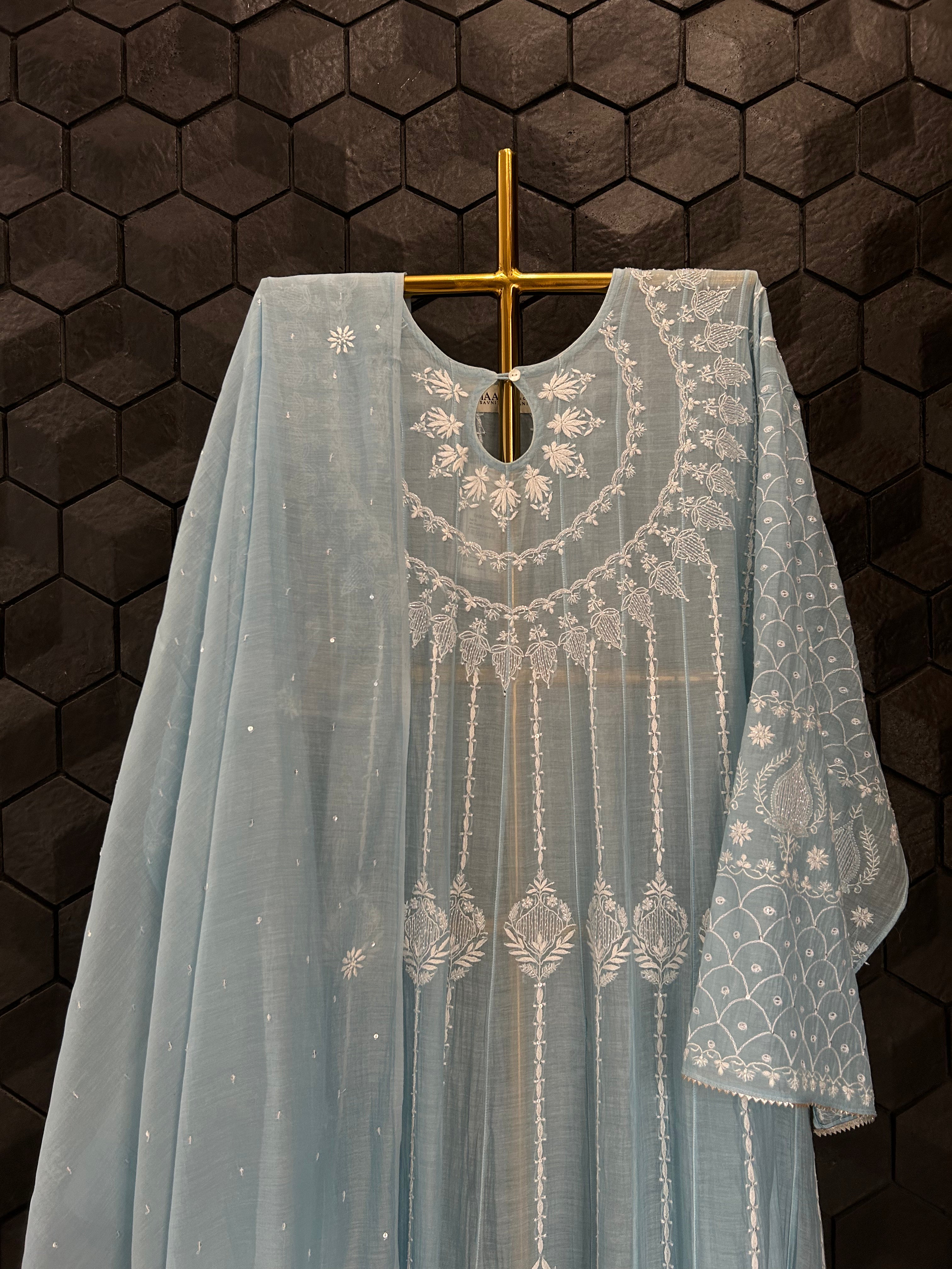 Sky Blue Mul Chanderi Chikankari Anarkali Set