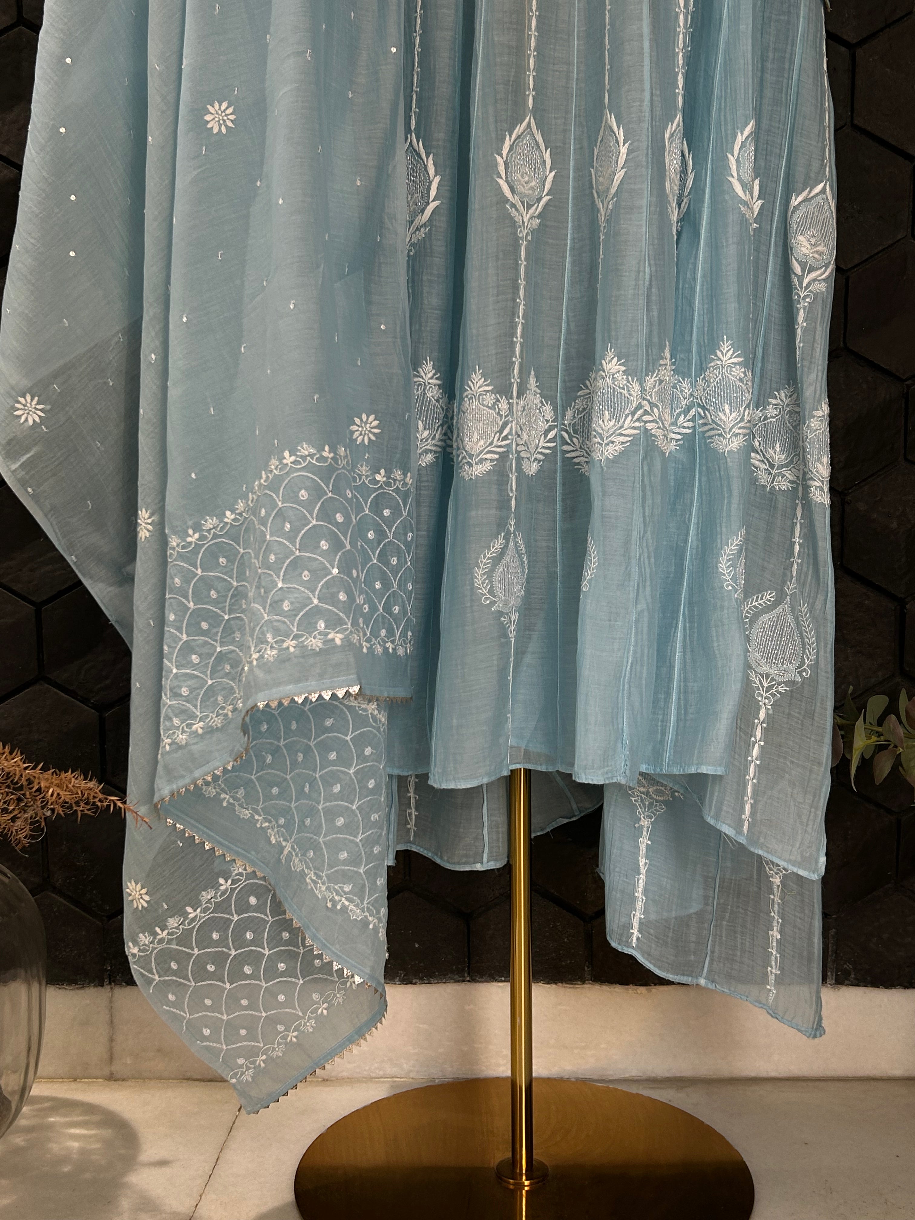 Sky Blue Mul Chanderi Chikankari Anarkali Set