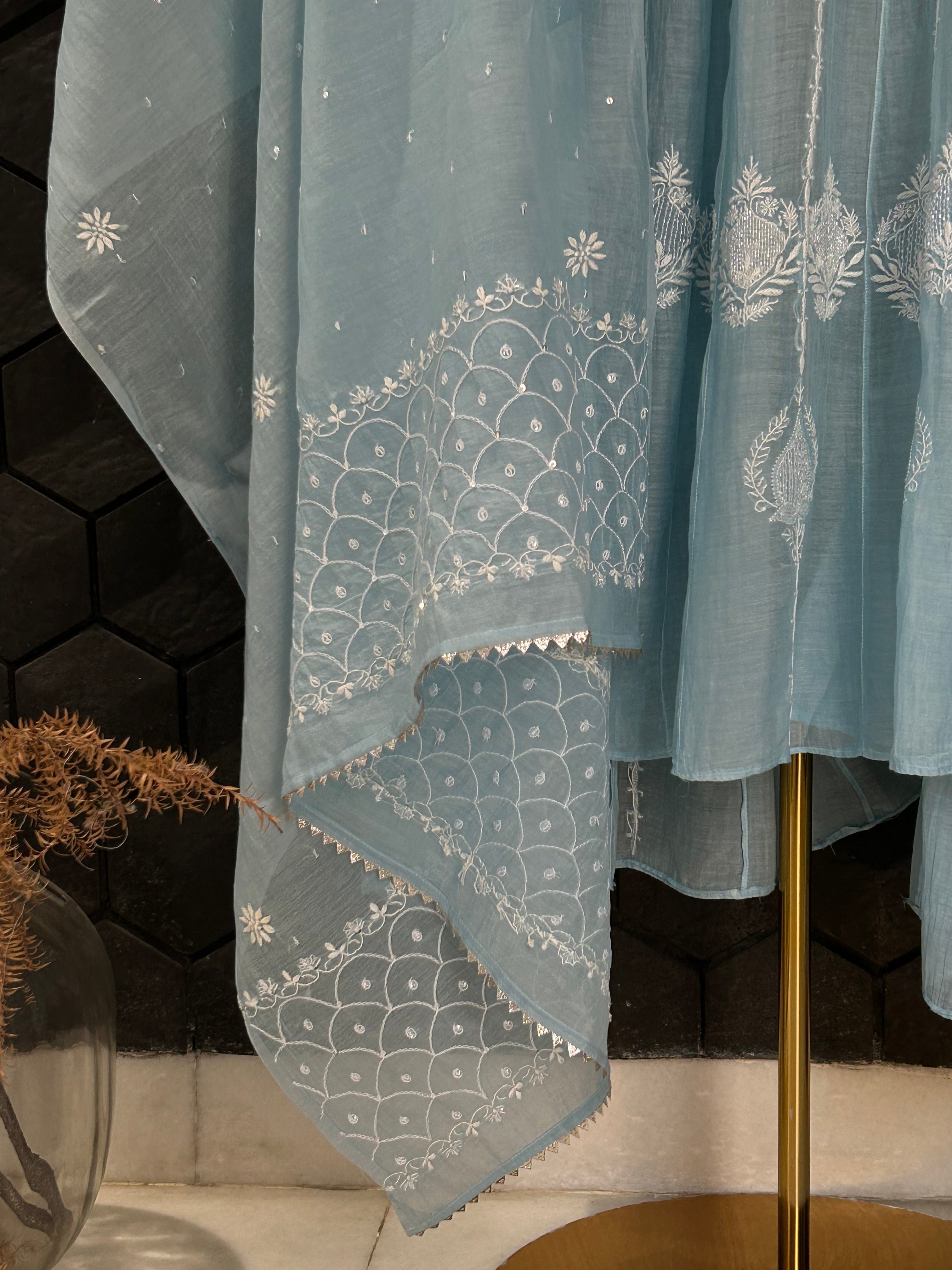 Sky Blue Mul Chanderi Chikankari Anarkali Set