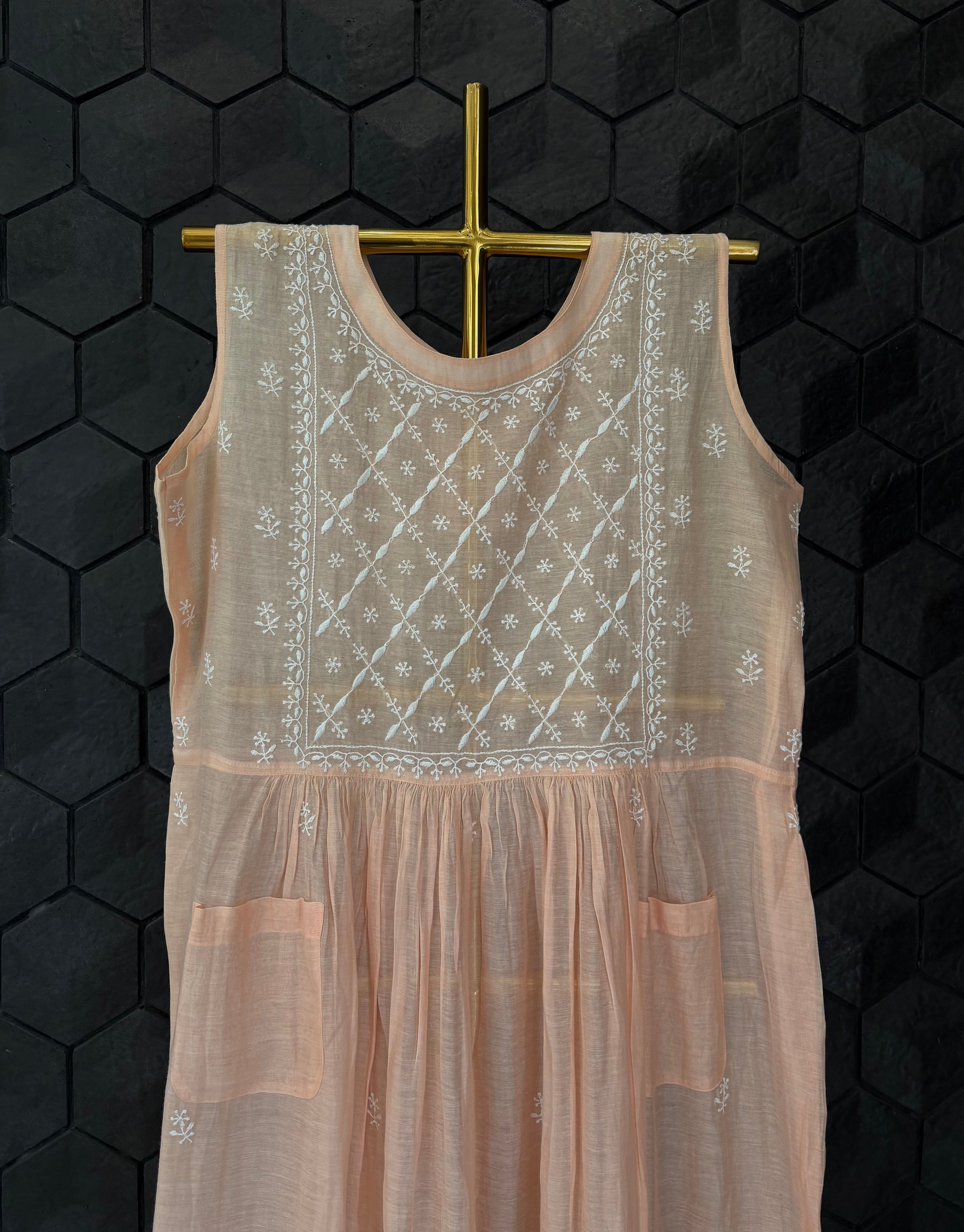 Peach Chanderi Sleeveless Dress