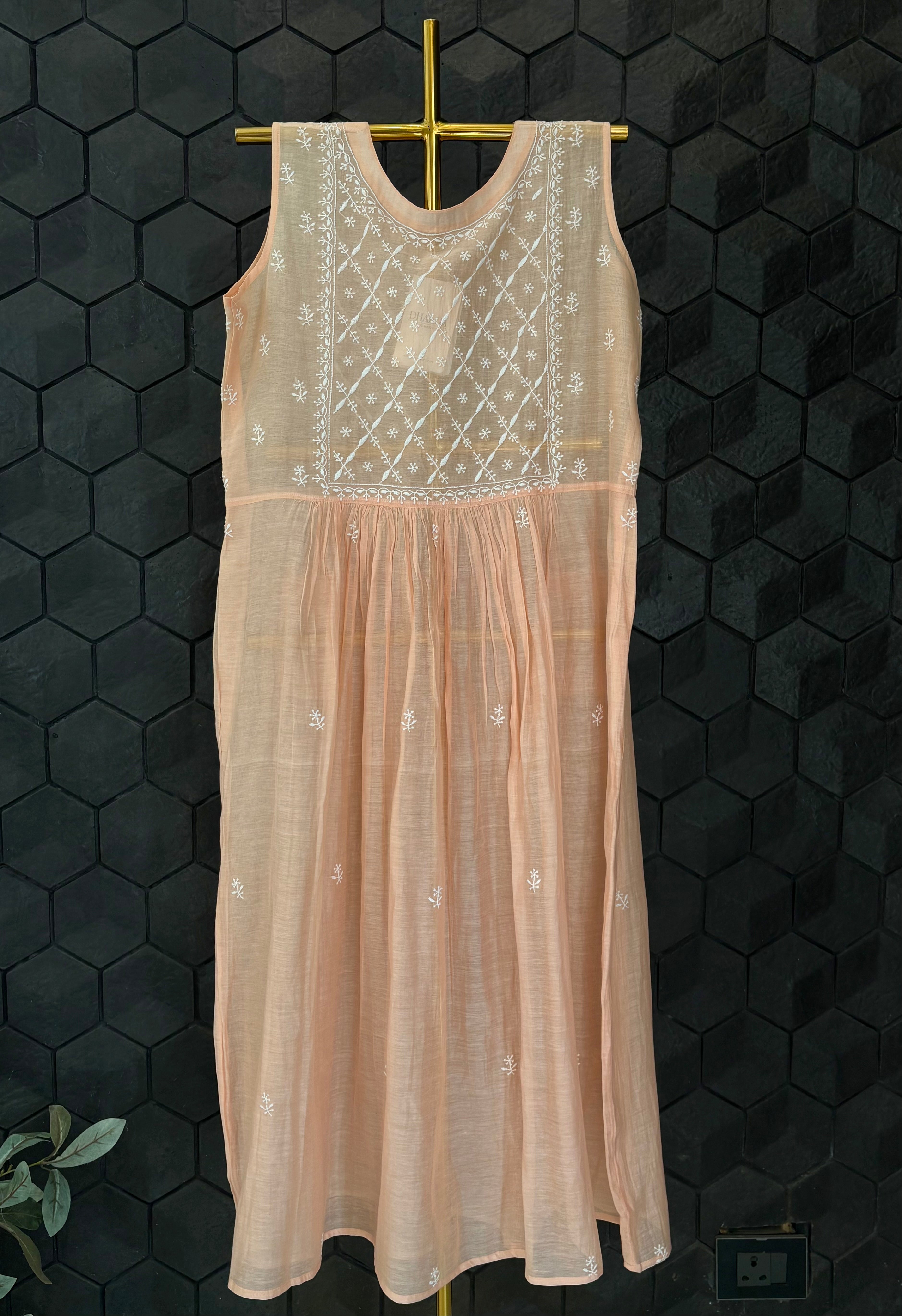 Peach Chanderi Sleeveless Dress