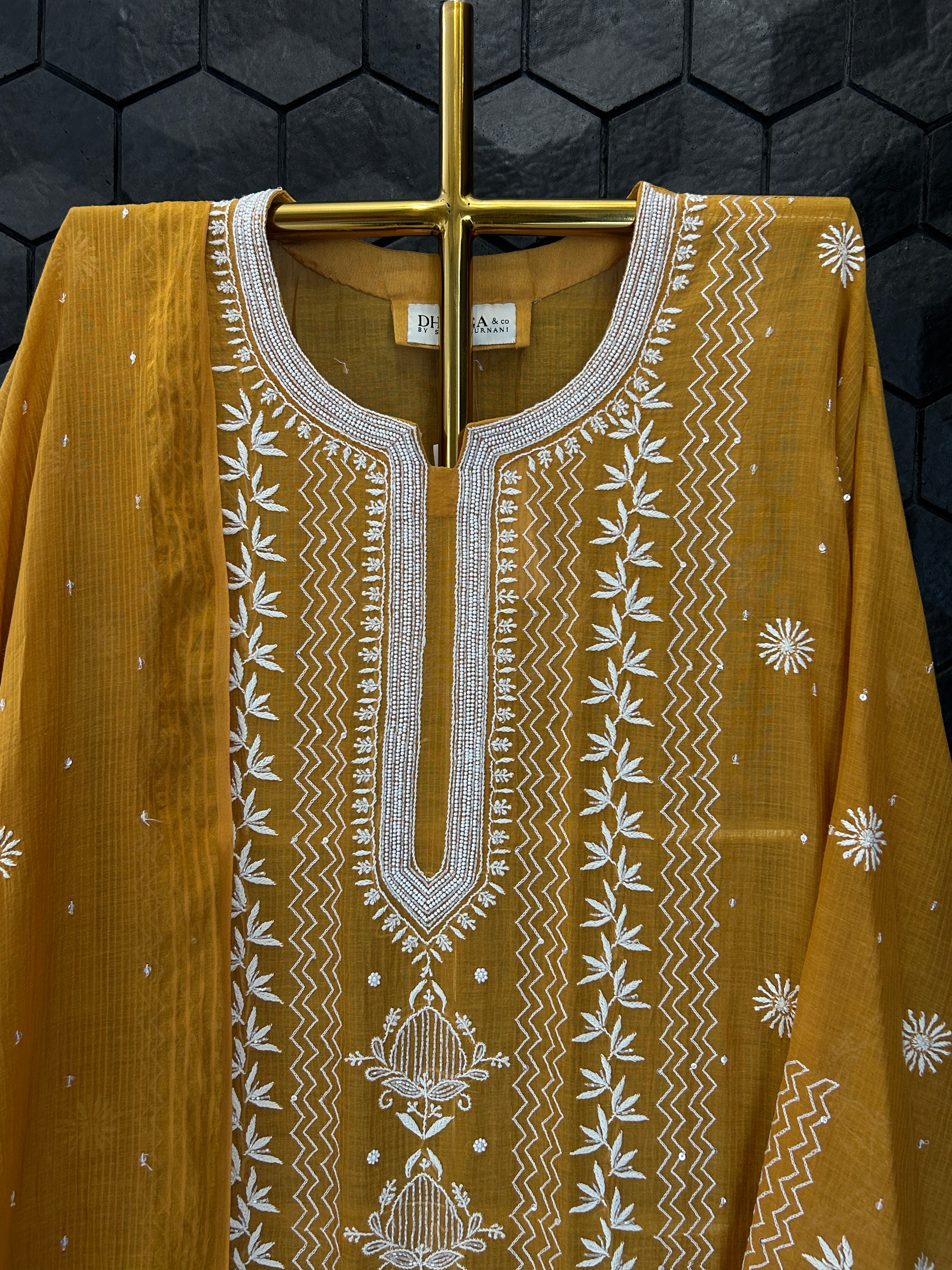 Mustard Maheshwari Chikankari Kurta Set