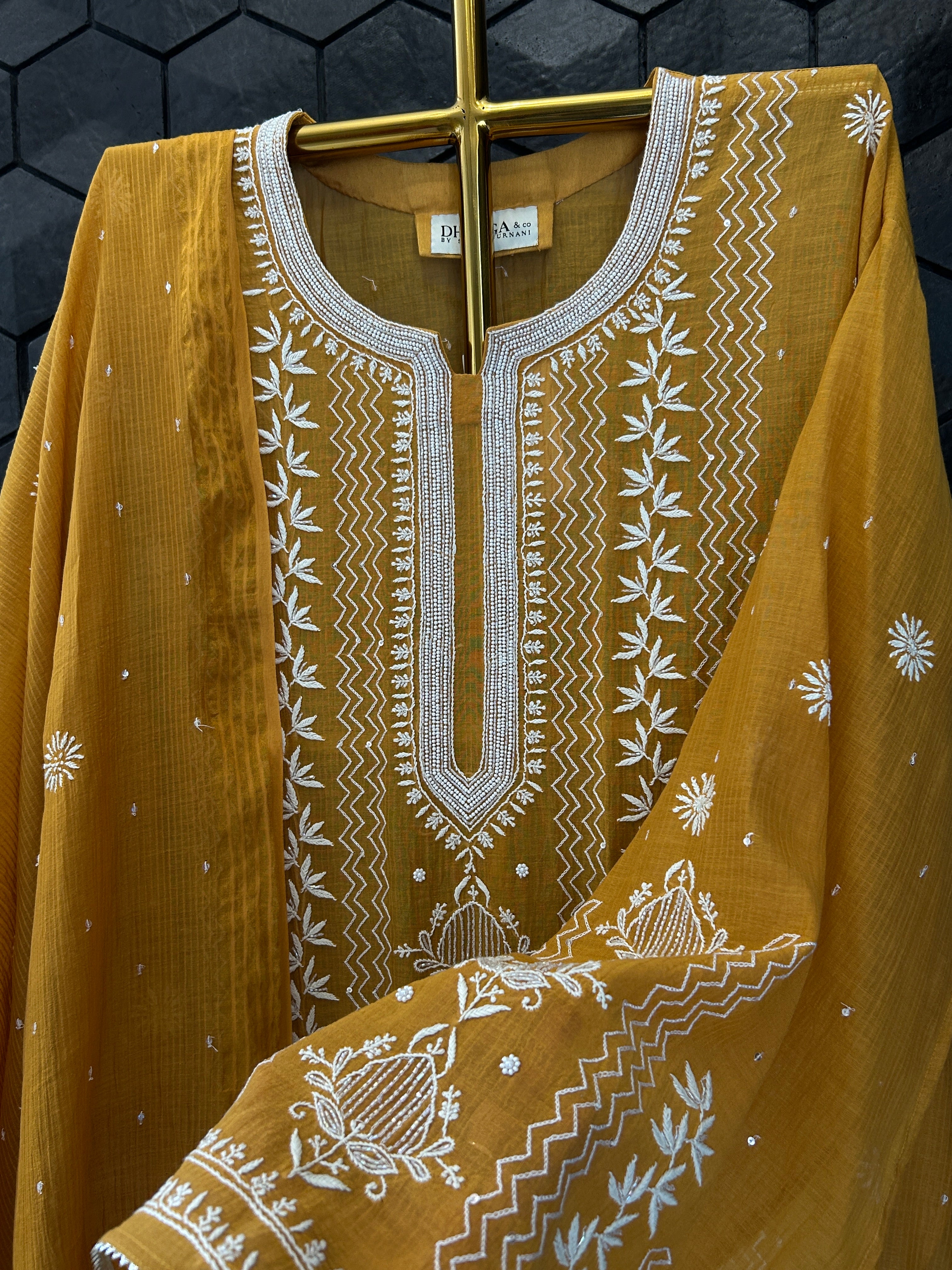 Mustard Maheshwari Chikankari Kurta Set