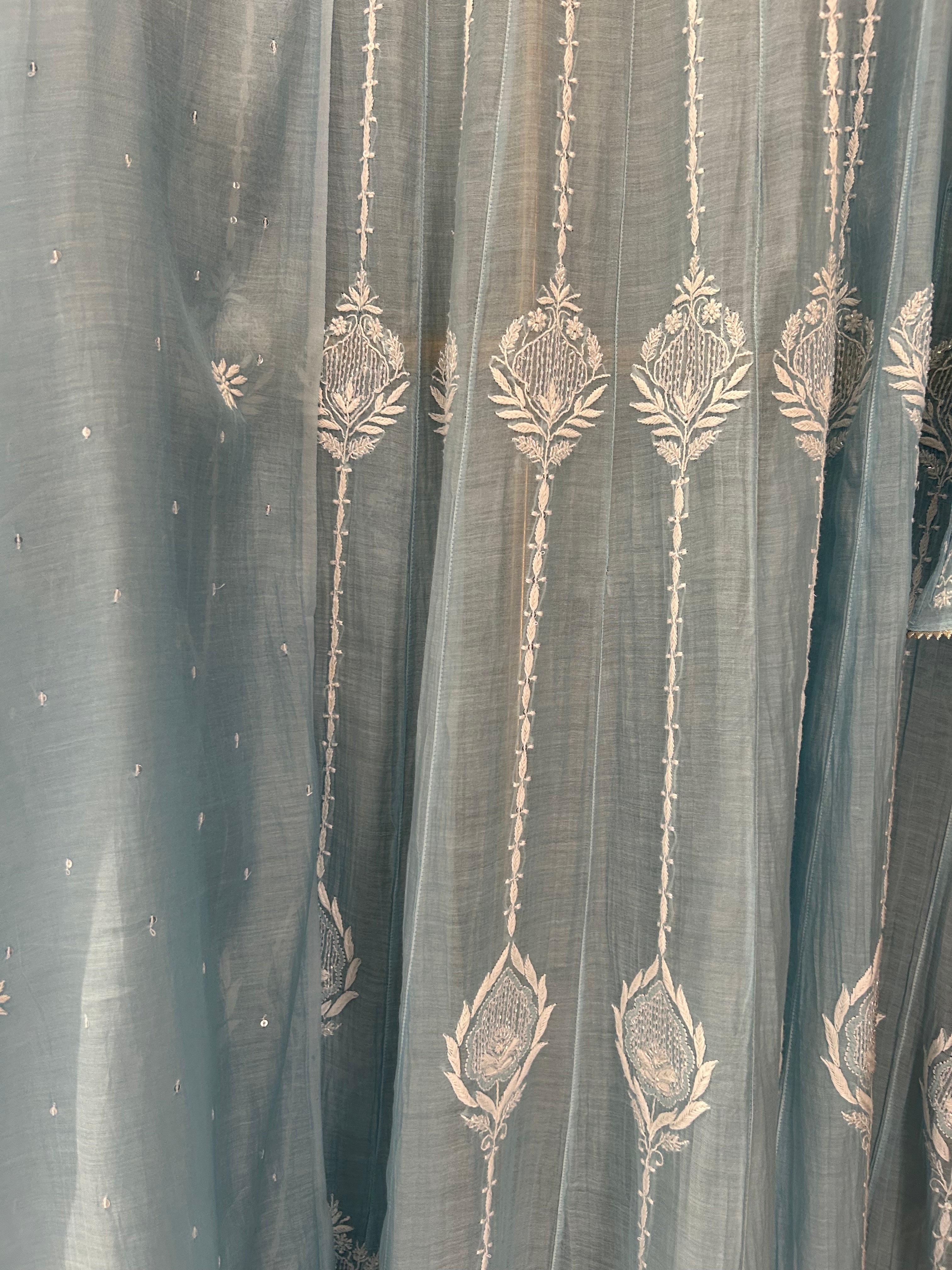 Sky Blue Mul Chanderi Chikankari Anarkali Set