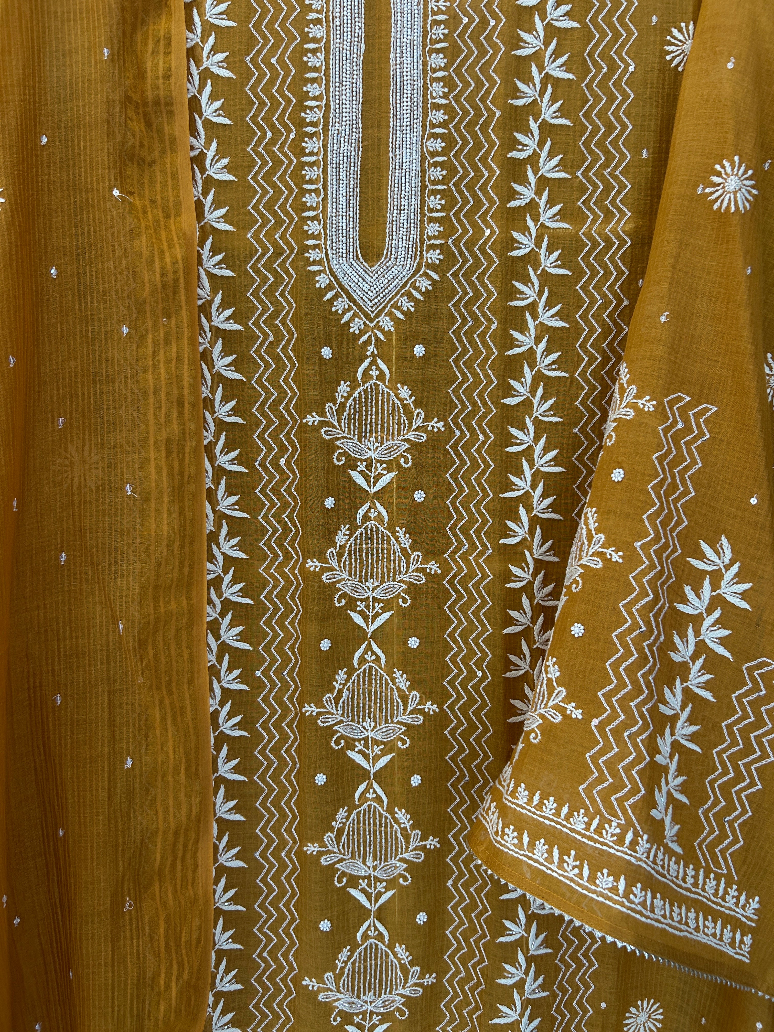 Mustard Maheshwari Chikankari Kurta Set