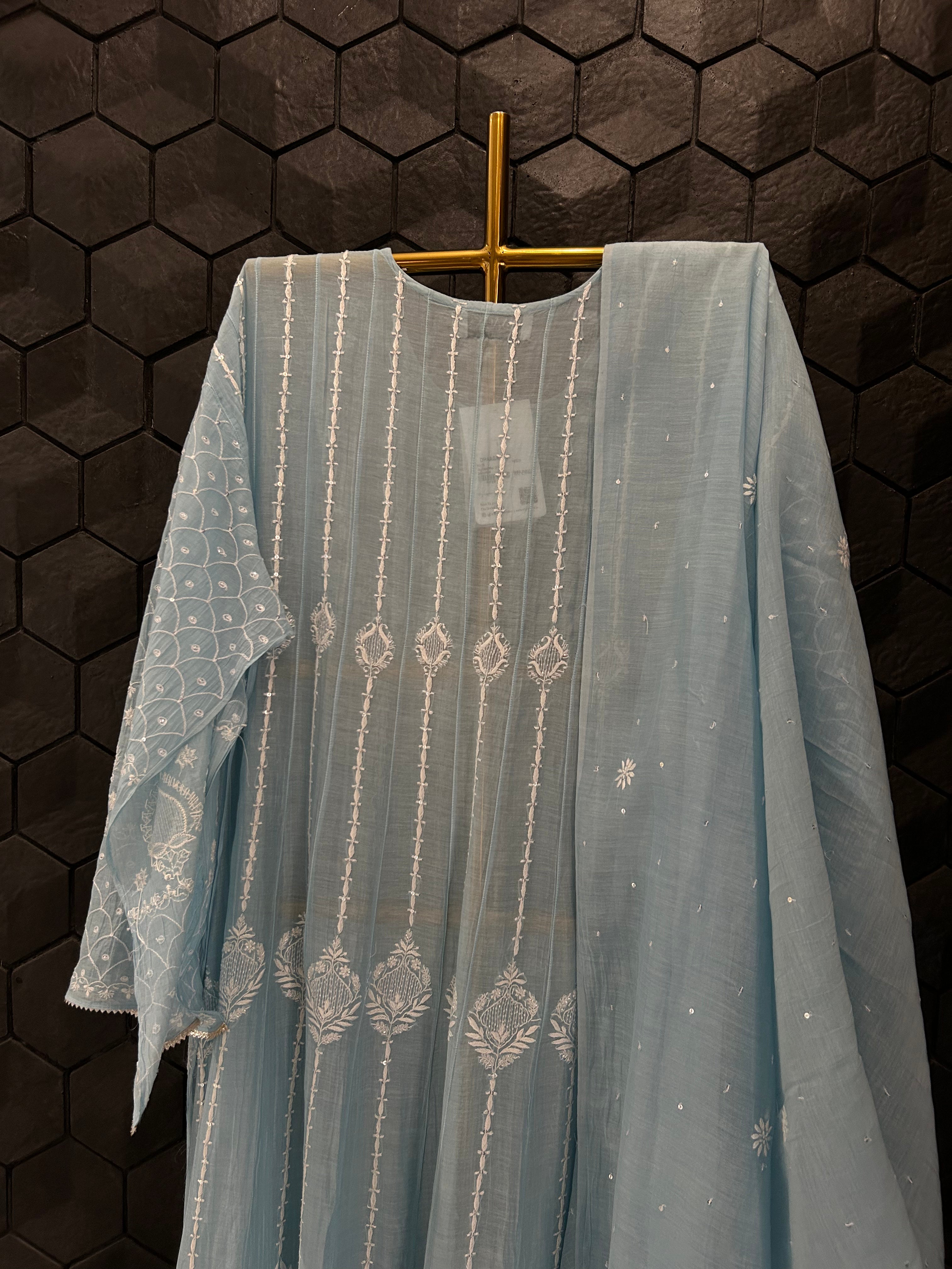 Sky Blue Mul Chanderi Chikankari Anarkali Set