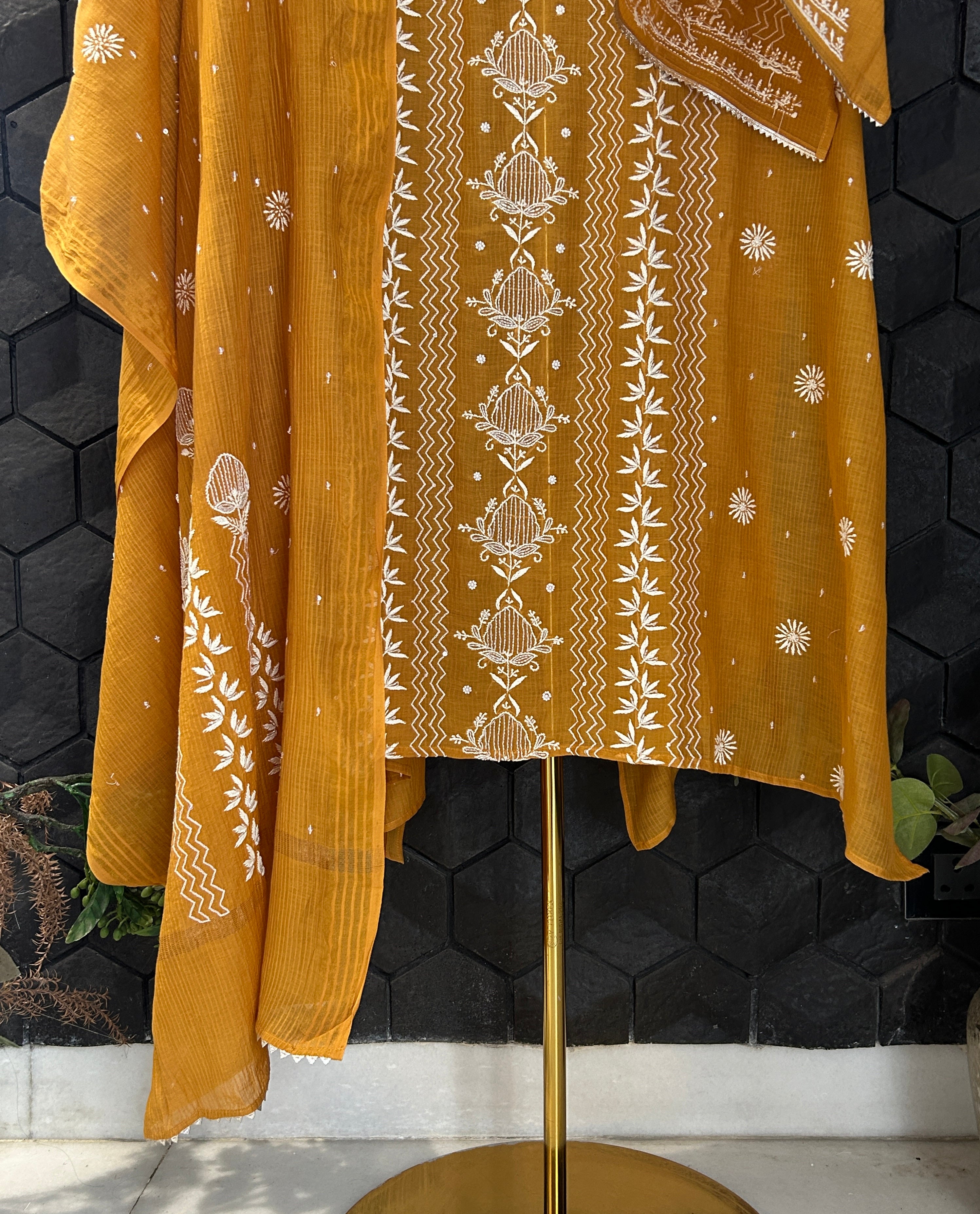 Mustard Maheshwari Chikankari Kurta Set