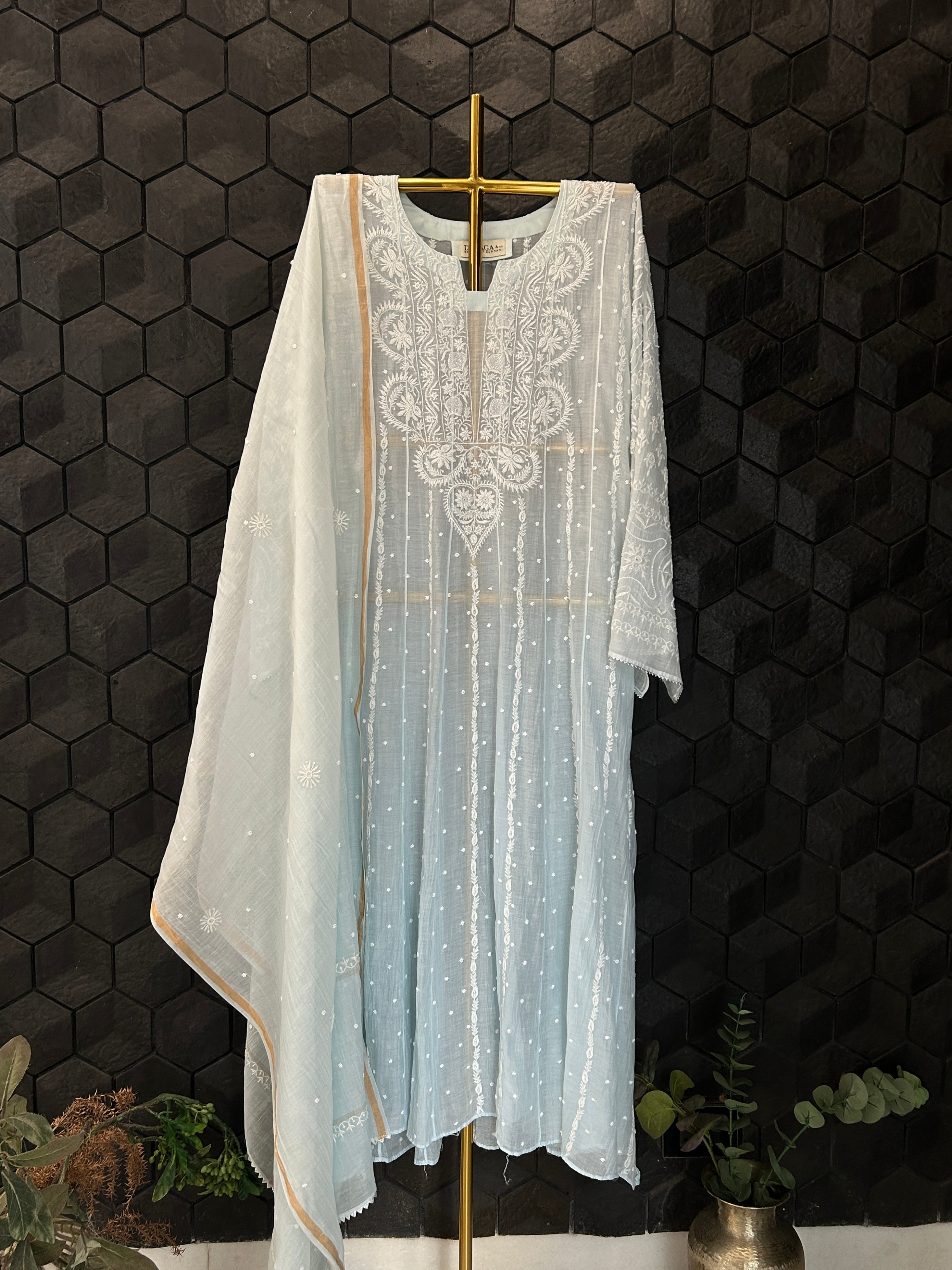 Blue Mul Chanderi Chikankari Anarkali Set