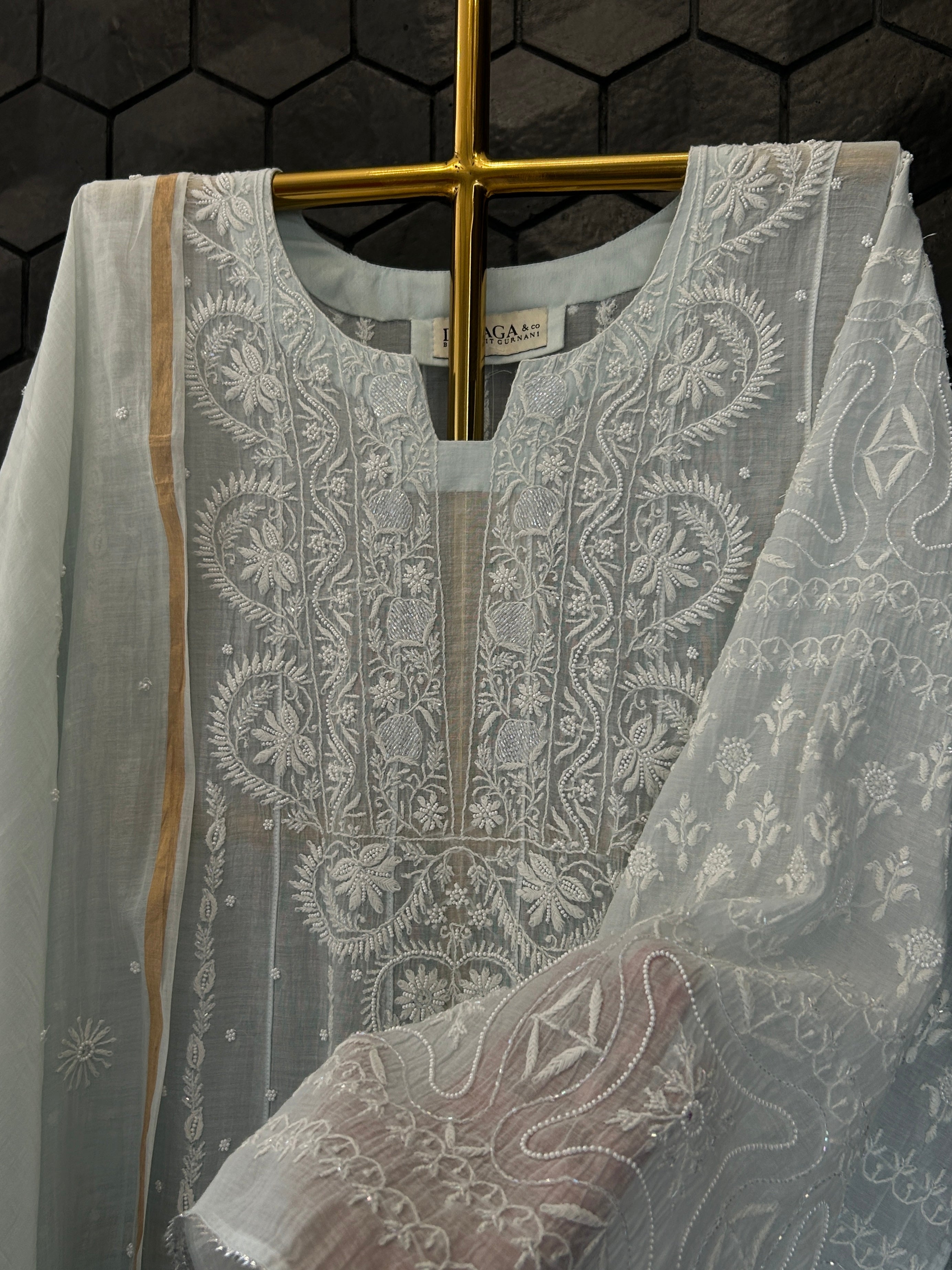 Blue Mul Chanderi Chikankari Anarkali Set