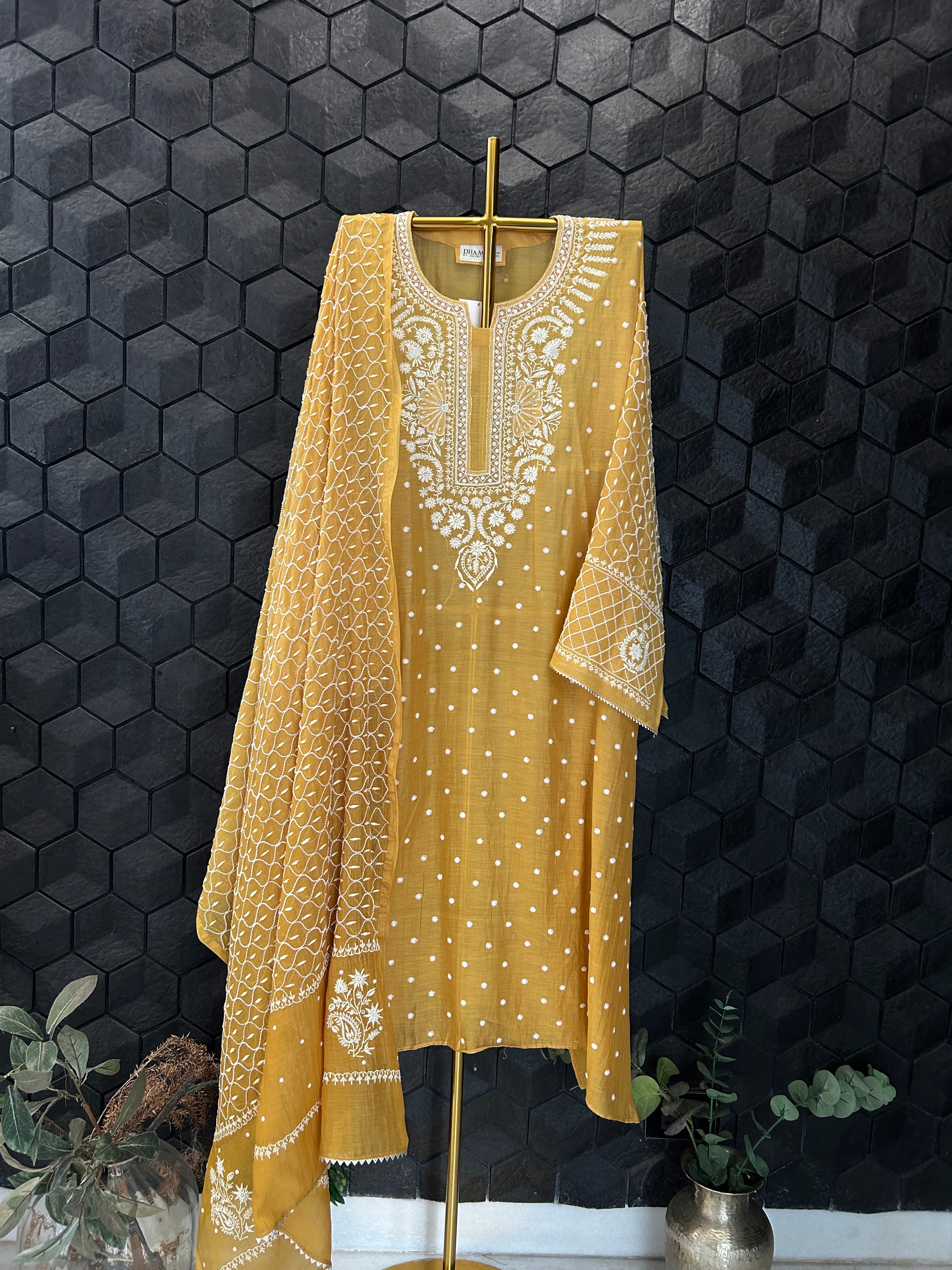 Mustard Mul Chanderi Chikankari Kurta Set