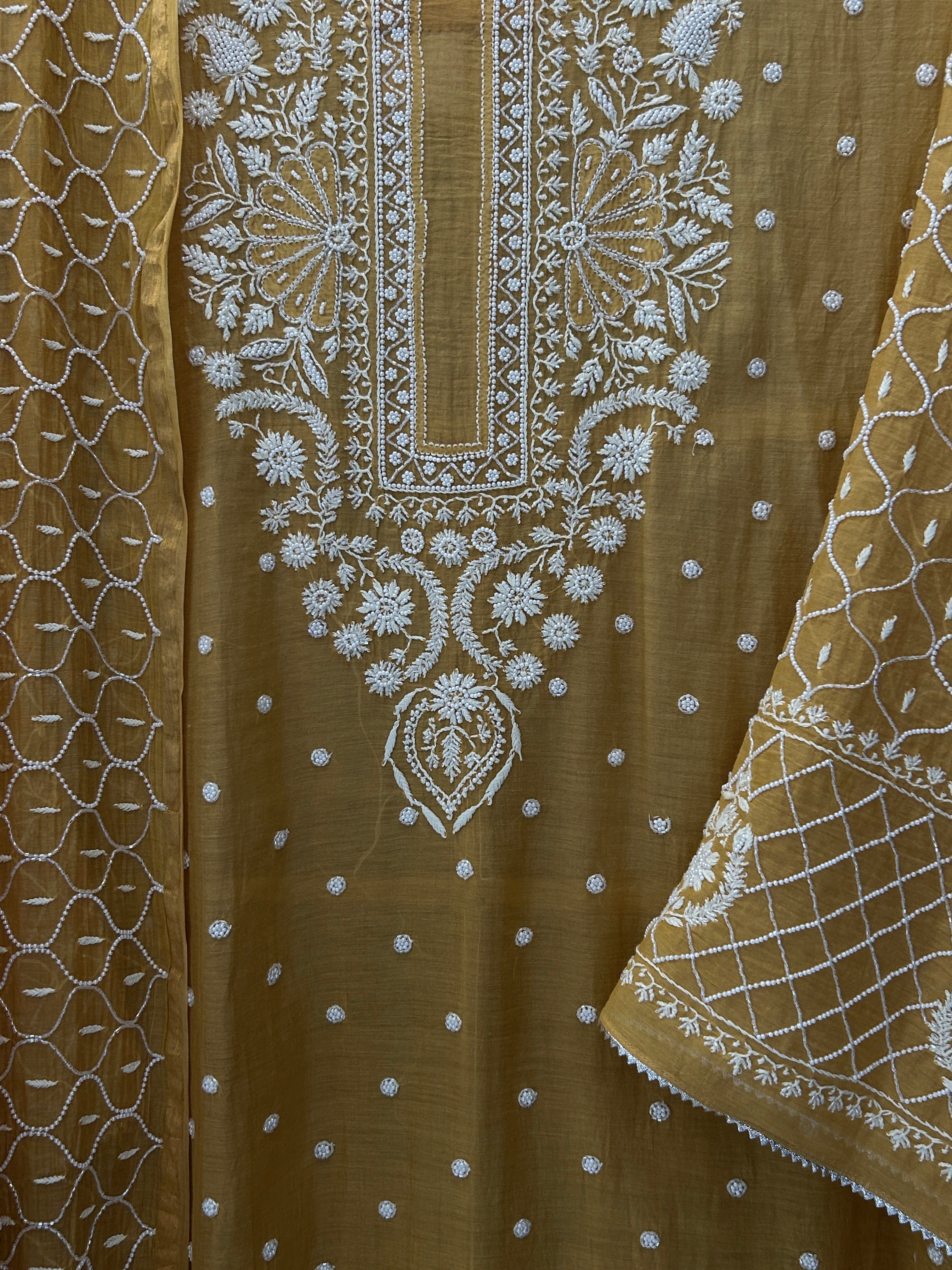 Mustard Mul Chanderi Chikankari Kurta Set