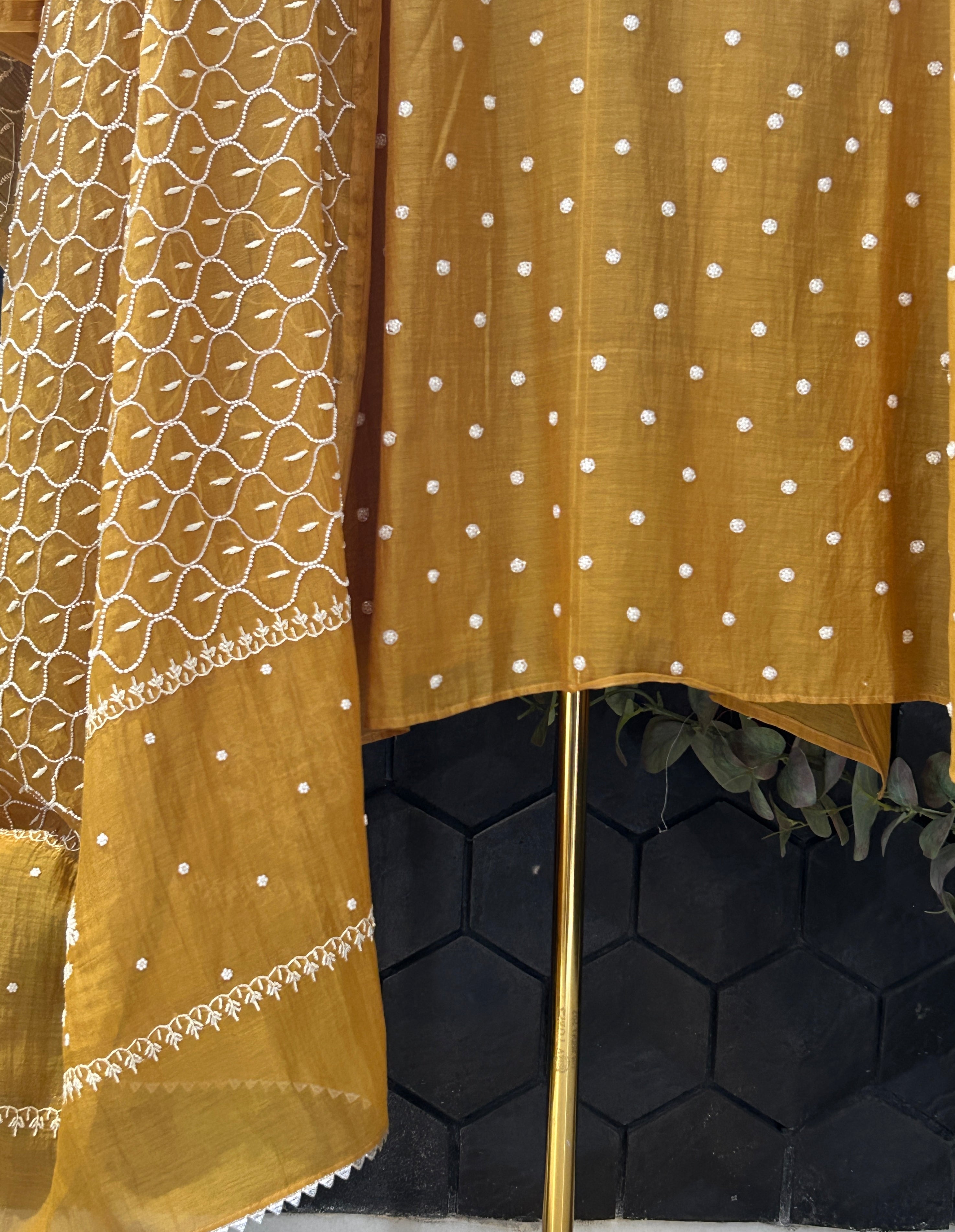 Mustard Mul Chanderi Chikankari Kurta Set