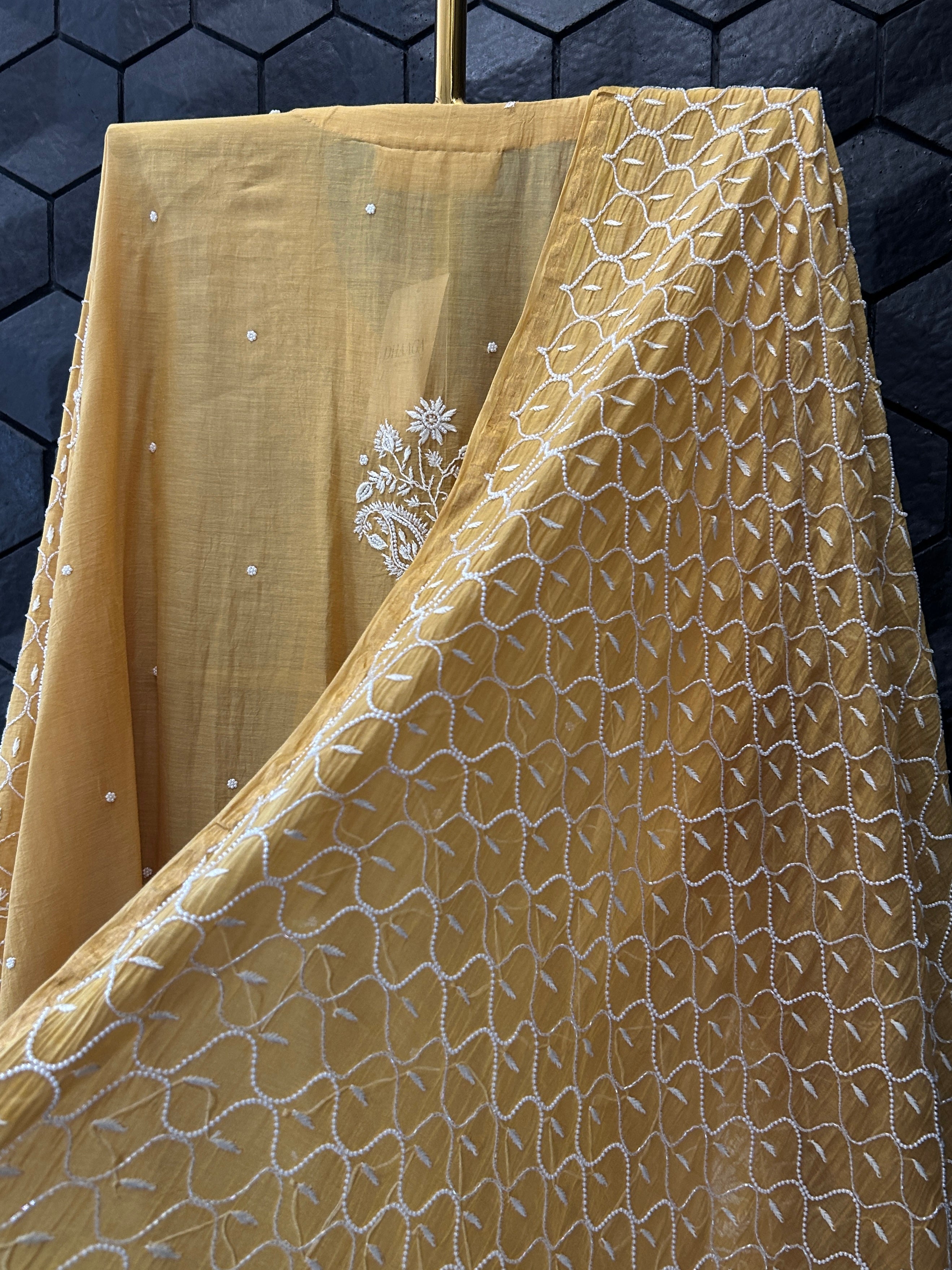 Mustard Mul Chanderi Chikankari Kurta Set
