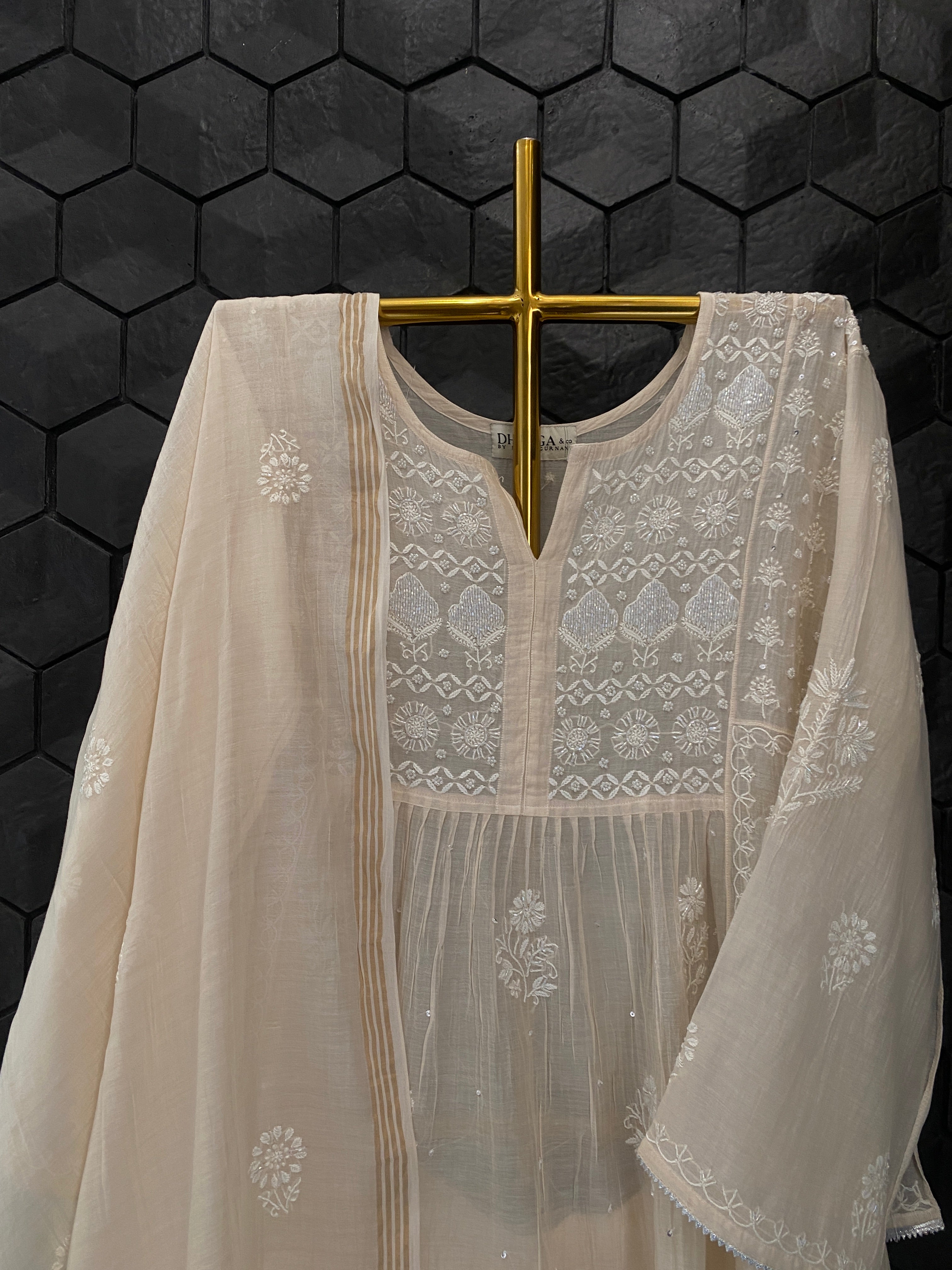 Beige Mul Chanderi Chikankari Garara Set