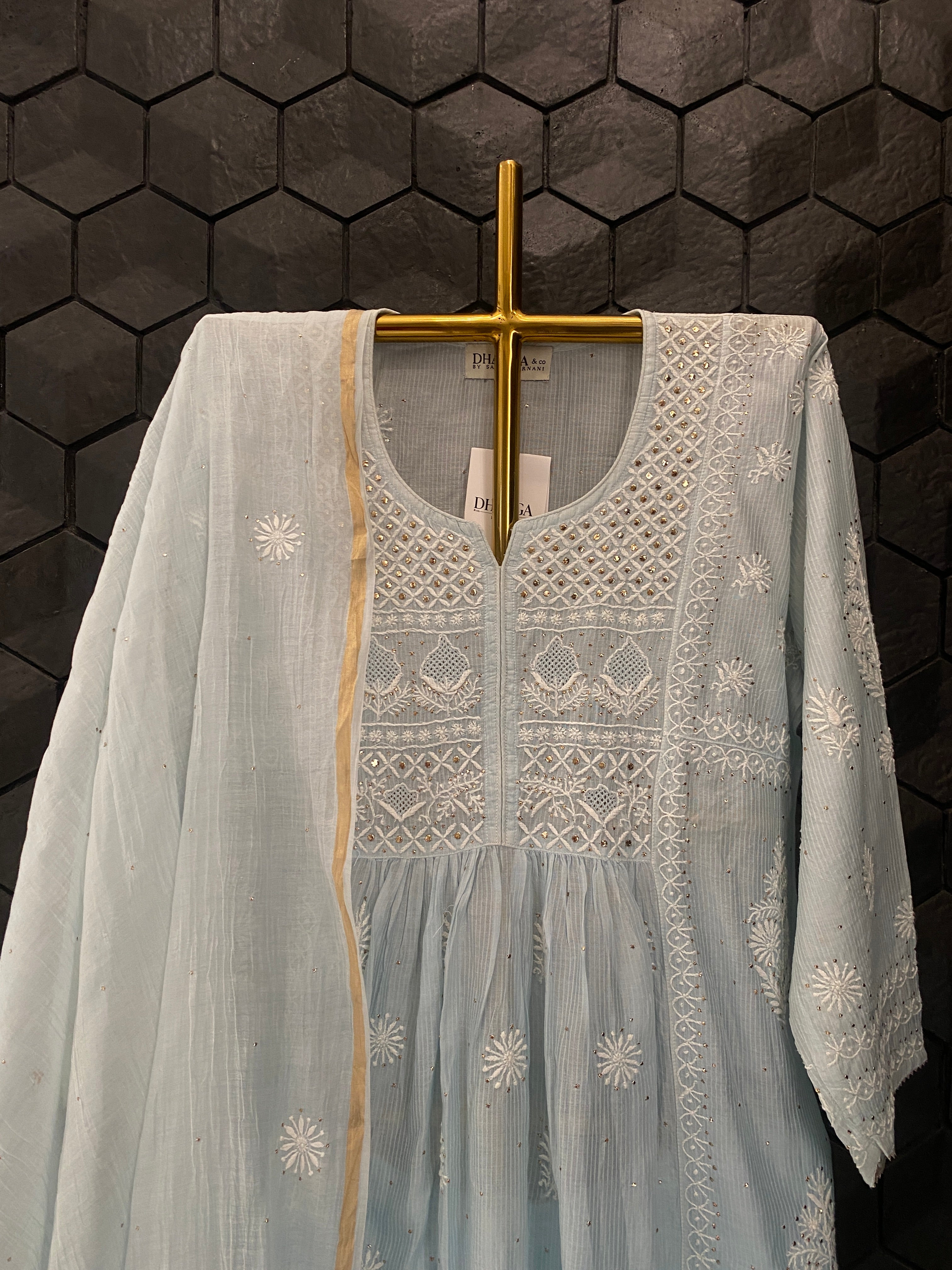 Blue Mul Chanderi Chikankari Garara Set