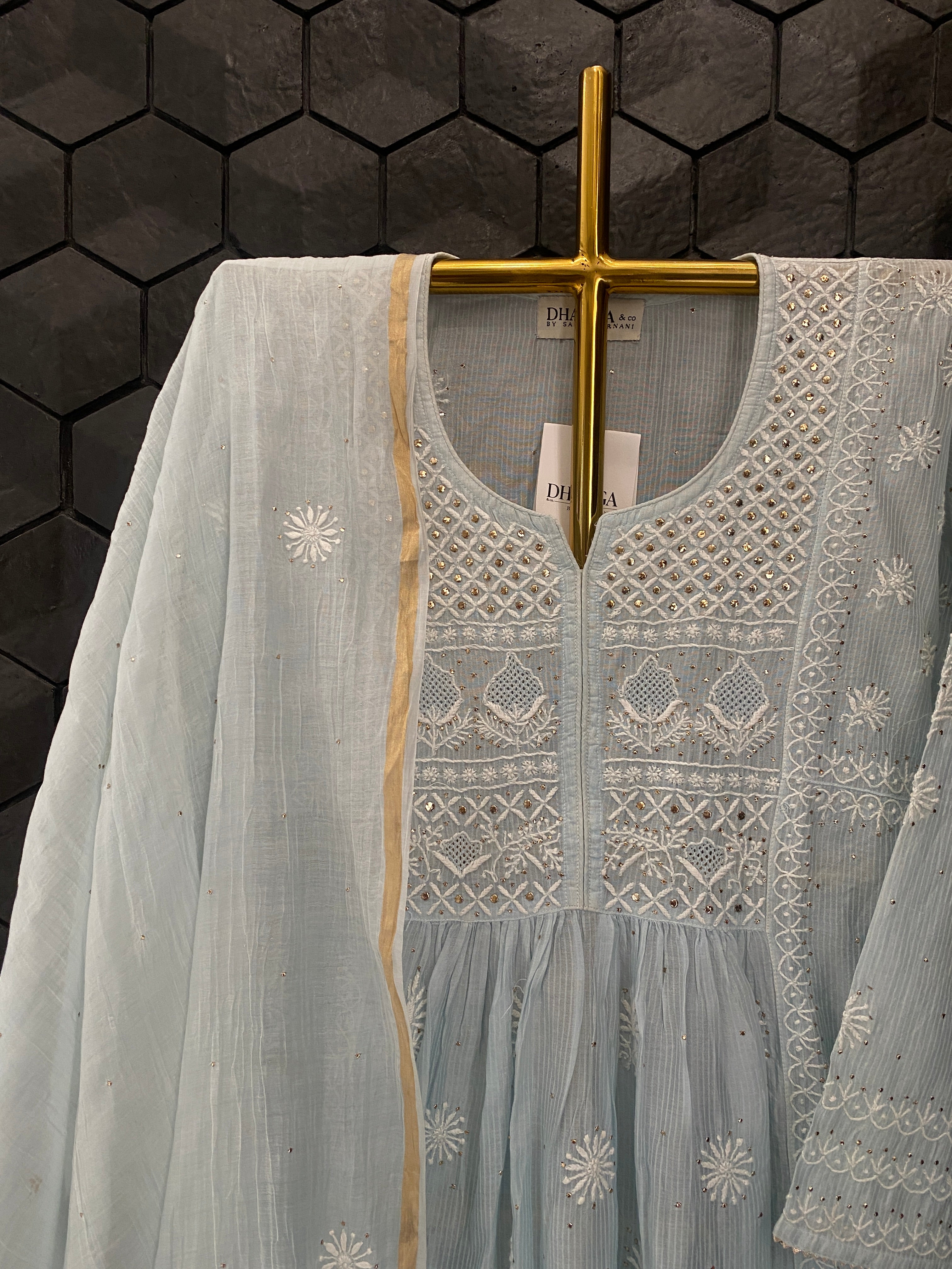Blue Mul Chanderi Chikankari Garara Set